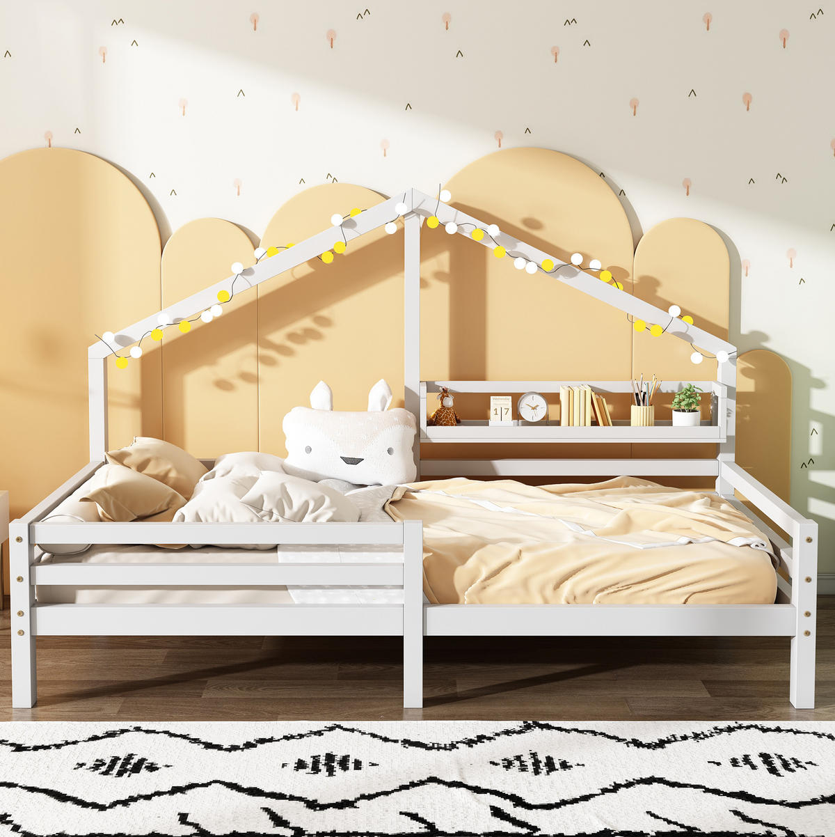 KINDEREINZELBETTEN aus Kiefer 90x200 cm in Weiß mit Ablageregal & Rausfallschutz - Weiß, Holz (90/200cm) - Modfu