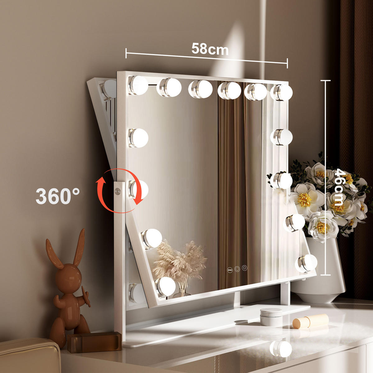 SCHMINKSPIEGEL mit LED-Beleuchtung drehbar weiß 58/46 cm - Weiß, Metall (58/46/3cm) - VANITII
