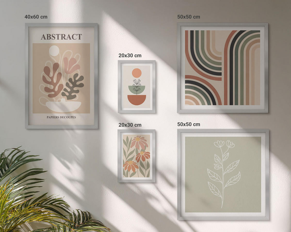 BILDER SET 5er Set - 50x50 cm & 20x30 cm & 40x60 cm Silberner Rahmen - Abstrakte Pastellpflanzen - Silberfarben, Kunststoff (40/60cm) - TULUP