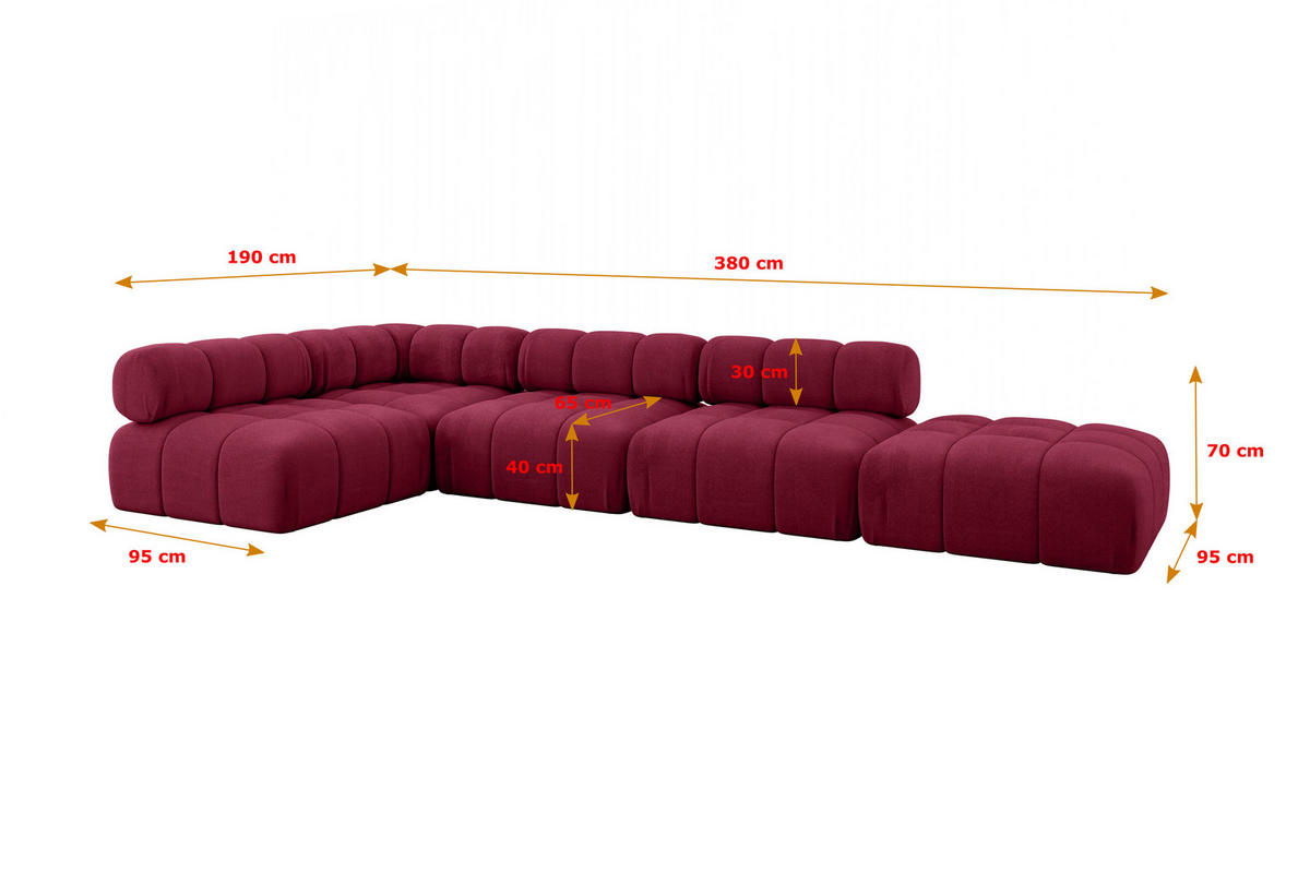 ECKSOFA modulares Sofa Favio-L2 - 380x190x70 cm Bordeauxrot Velours - Bordeaux, Holzwerkstoff/Textil (380/190cm) - ALTDECOR
