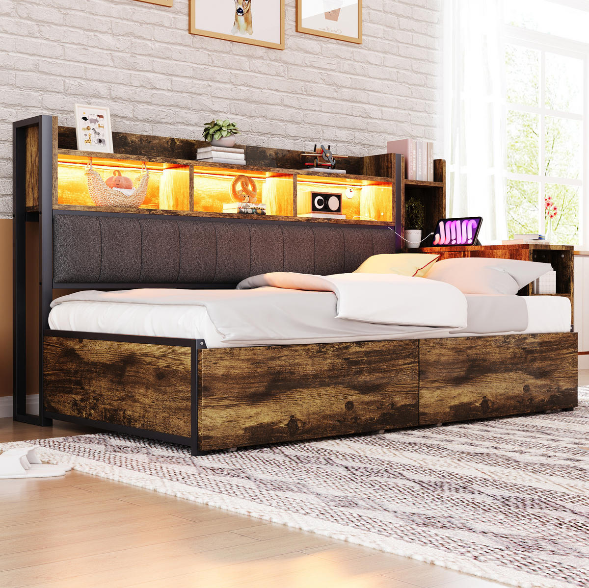 BETT 90/200 cm aus Metall mit Schreibtisch, Stauraum und Steckdosen, farbe - Naturfarben, Metall (90/200cm) - Redom