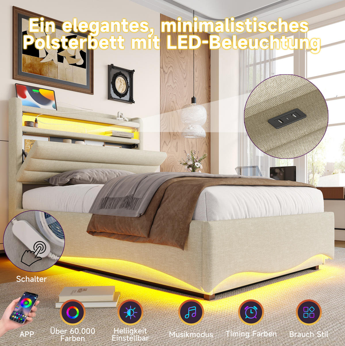 POLSTERBETT 90/200 cm Beige aus Leinen mit LED, USB und Stauraum - Beige, Textil (90/200cm) - OKMYHOME