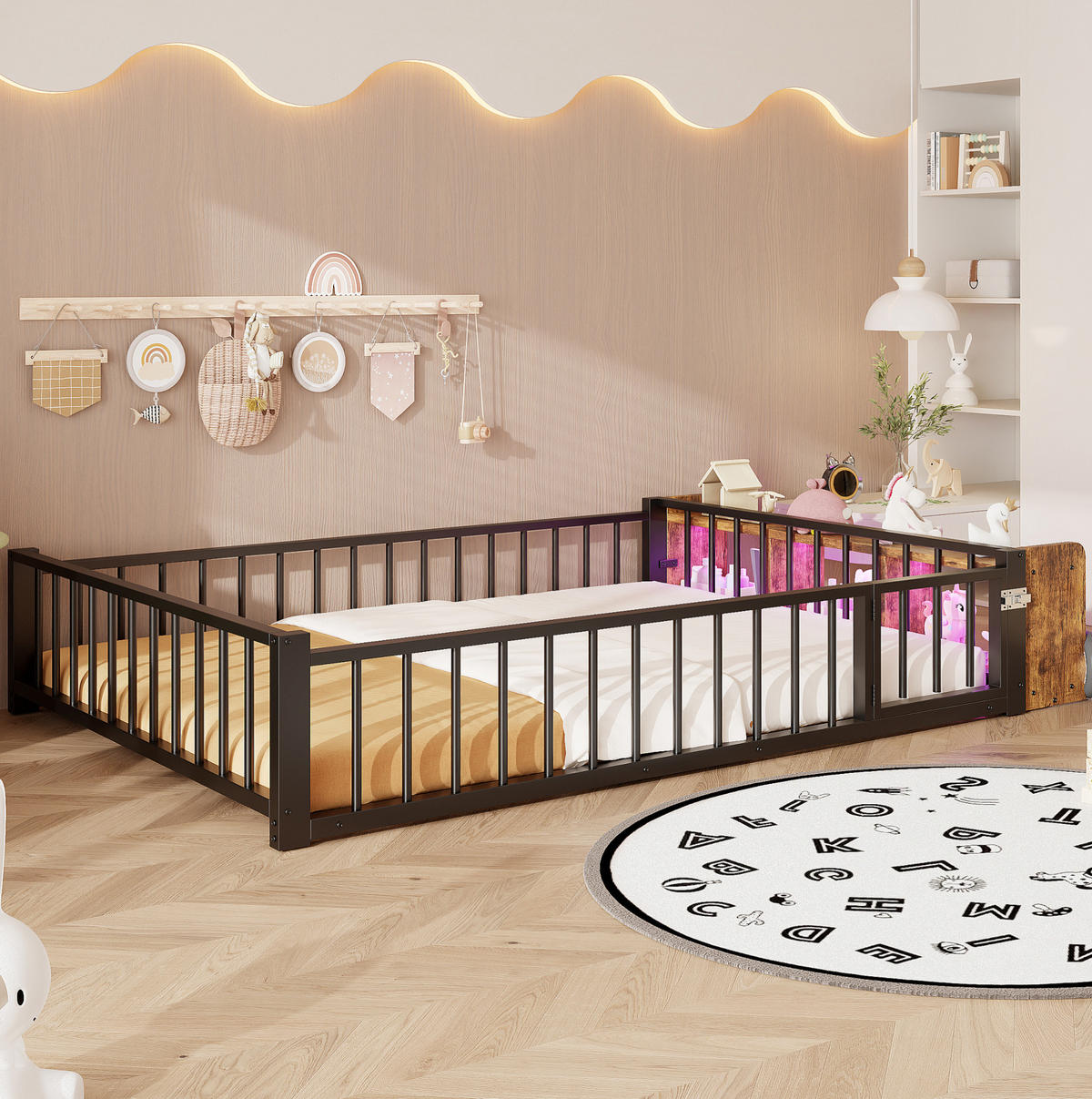 FLACHBETT 140/200 cm Schwarz mit Schutzgeländer, LED-Leisten, ohne Matratze - Schwarz, Metall (140/200cm) - MIVRAY