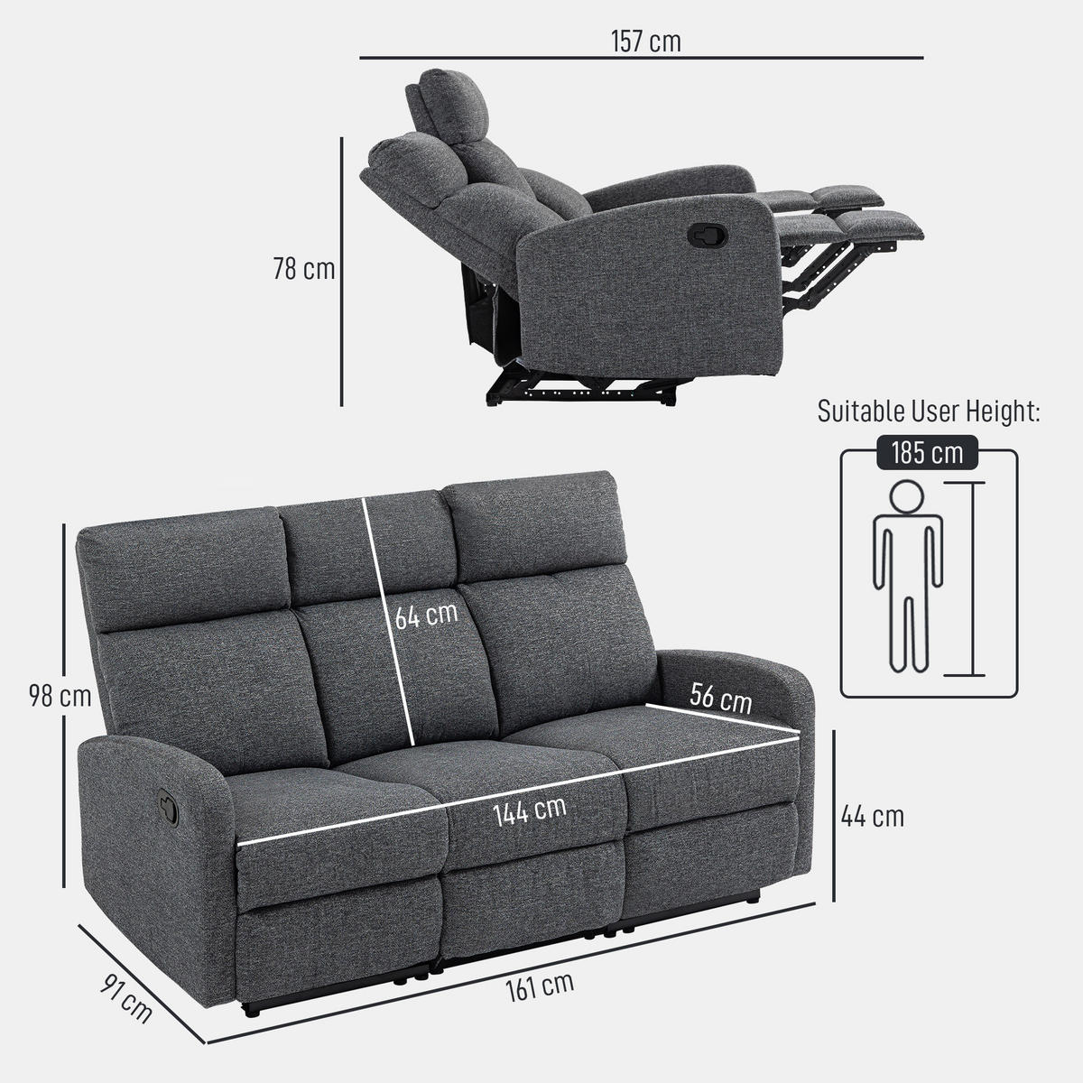 RELAXSESSEL Polyester Grau - Grau, Textil/Metall (91/98/161cm) - HOMCOM