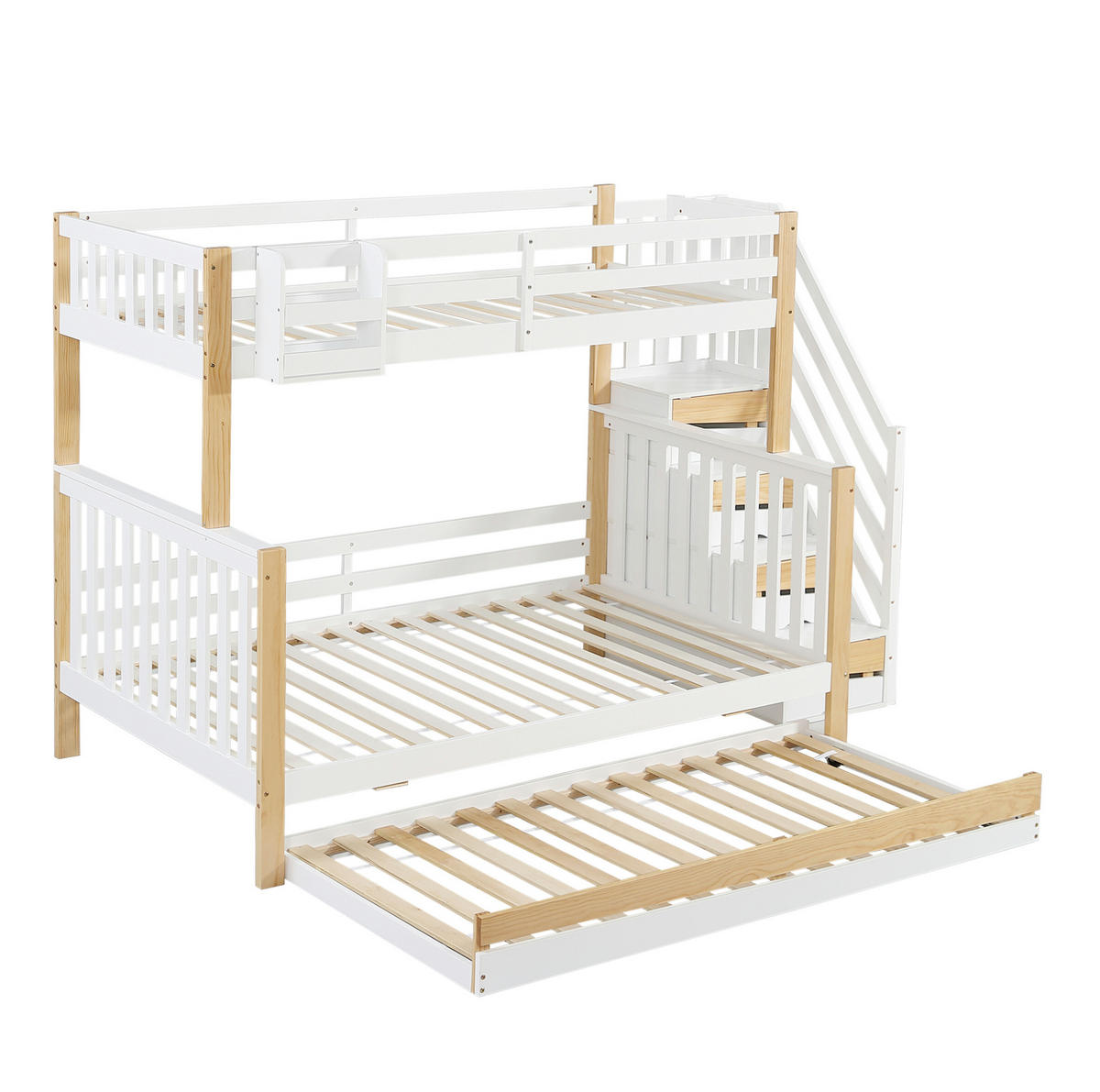 ETAGENBETT aus Kiefer und MDF 90x200/120x200 cm Weiß/Natur mit Rollbett, Stauraumtreppe und Fallschutz - Weiß, Holzwerkstoff (90/200cm) - Modfu