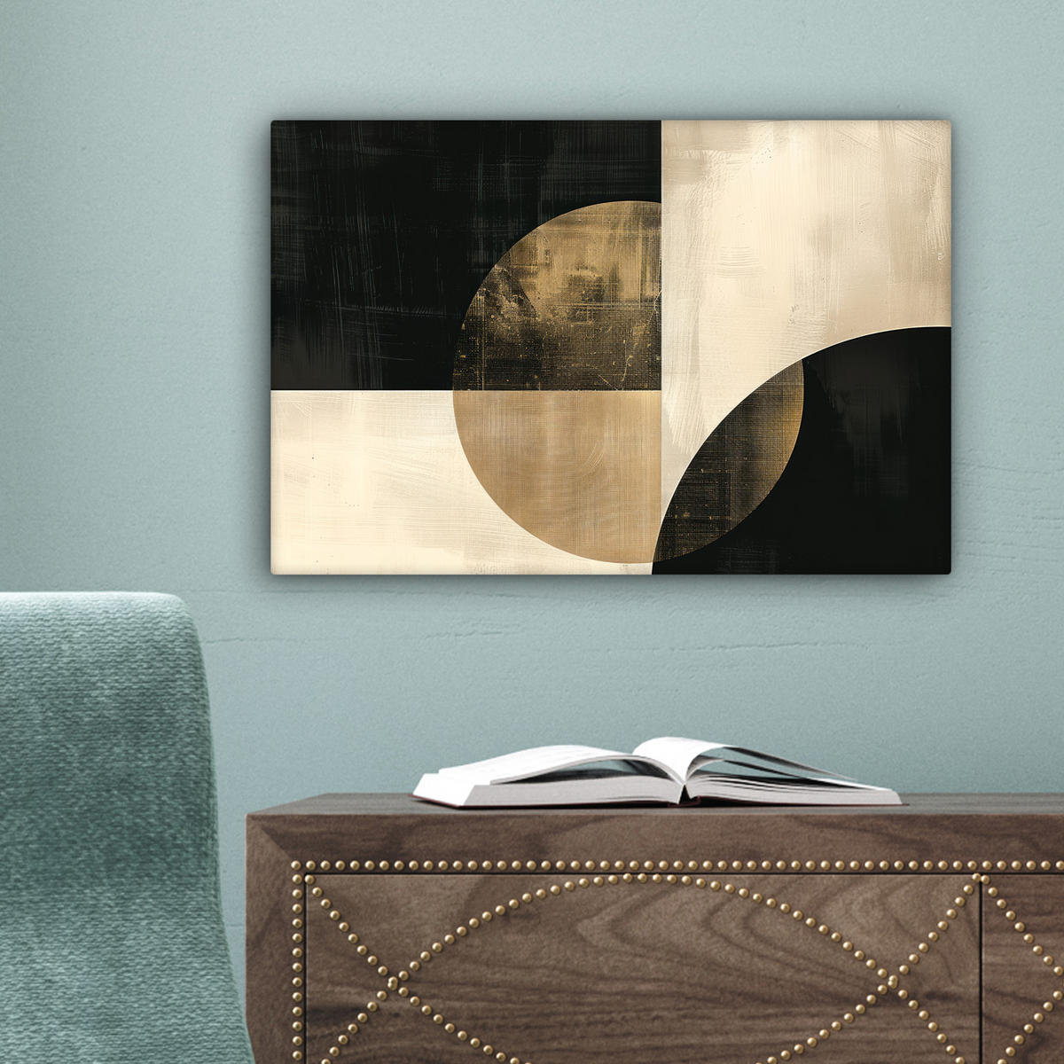 LEINWANDBILD Abstrakt - Geometrische Formen - Schwarz - Gold 30x20 cm - Ecru, Textil (30/20cm) - MuchoWow