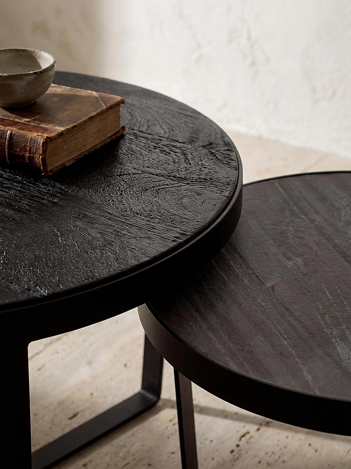 COUCHTISCH Set – 2-teilig Rund Akazie Massivholz Steinoptik Metall Schwarz Anthrazit - Schwarz, Holz/Metall (60/60/40cm) - KADIMA DESIGN