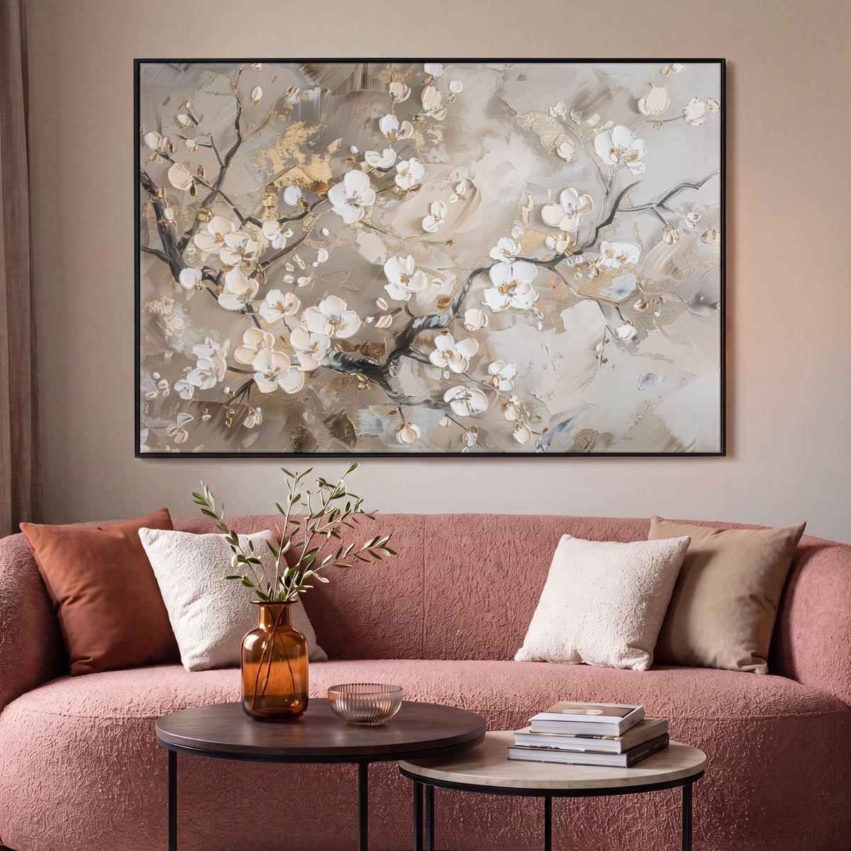 LEINWAND Bilder mit Rahmen - Blumen - Weiß - Gold - Beige - Luxus - 140x90 - Greige, Textil (140/90cm) - MuchoWow