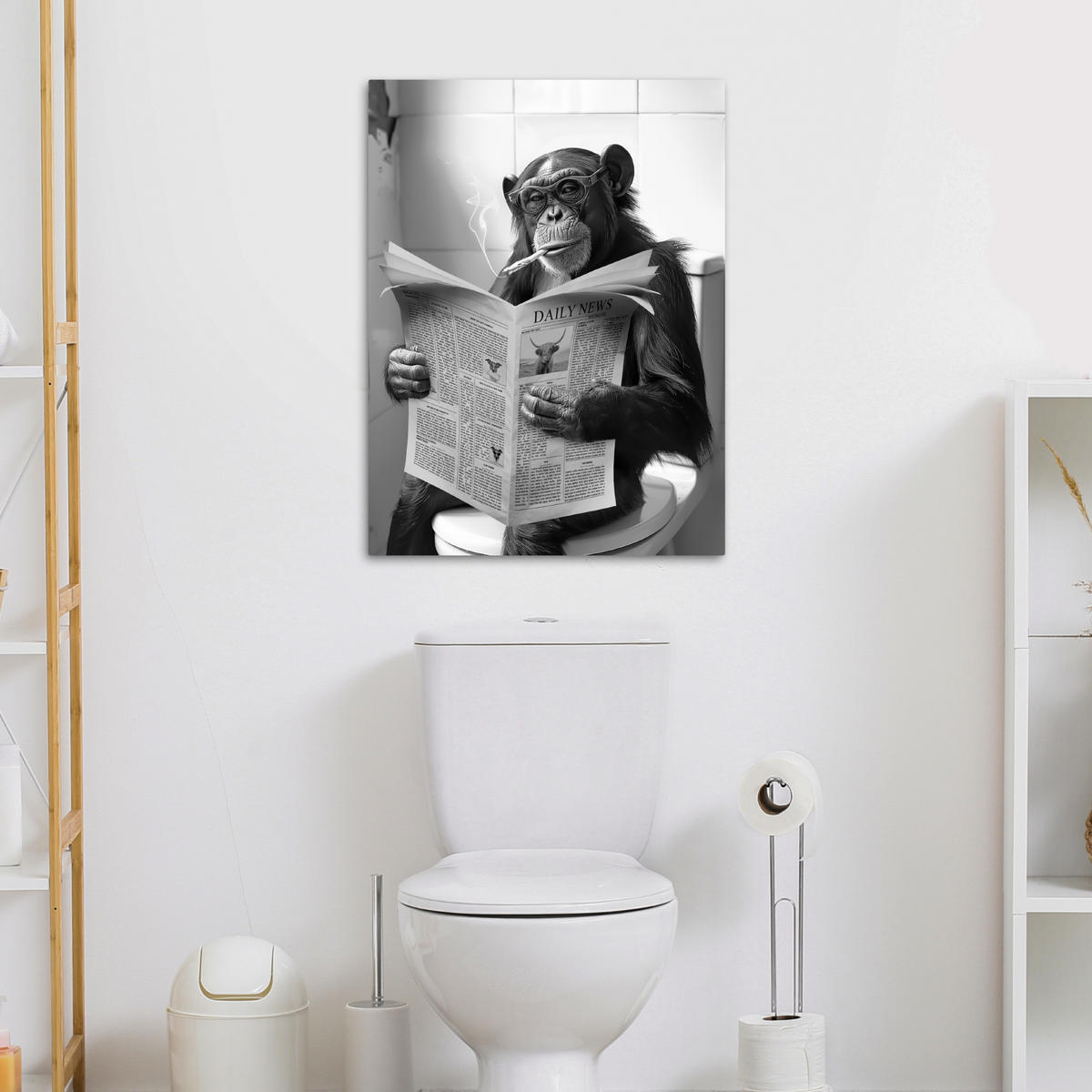 LEINWANDBILD Affe - WC - Zeitung - Schwarz-Weiß - Humor 50x70 cm - Hellgrau, Textil (50/70cm) - MuchoWow
