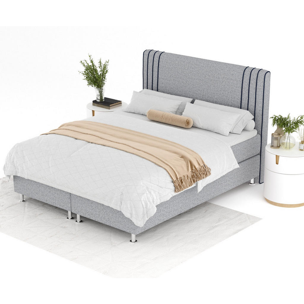 Thumbnail - Maison de Reve Boxspringbett, Grau, Dunkelblau, Textil, Buche, Kiefer, H3, Höhe ca. 21 cm, 160x200 cm, FSC 100%, Made in...