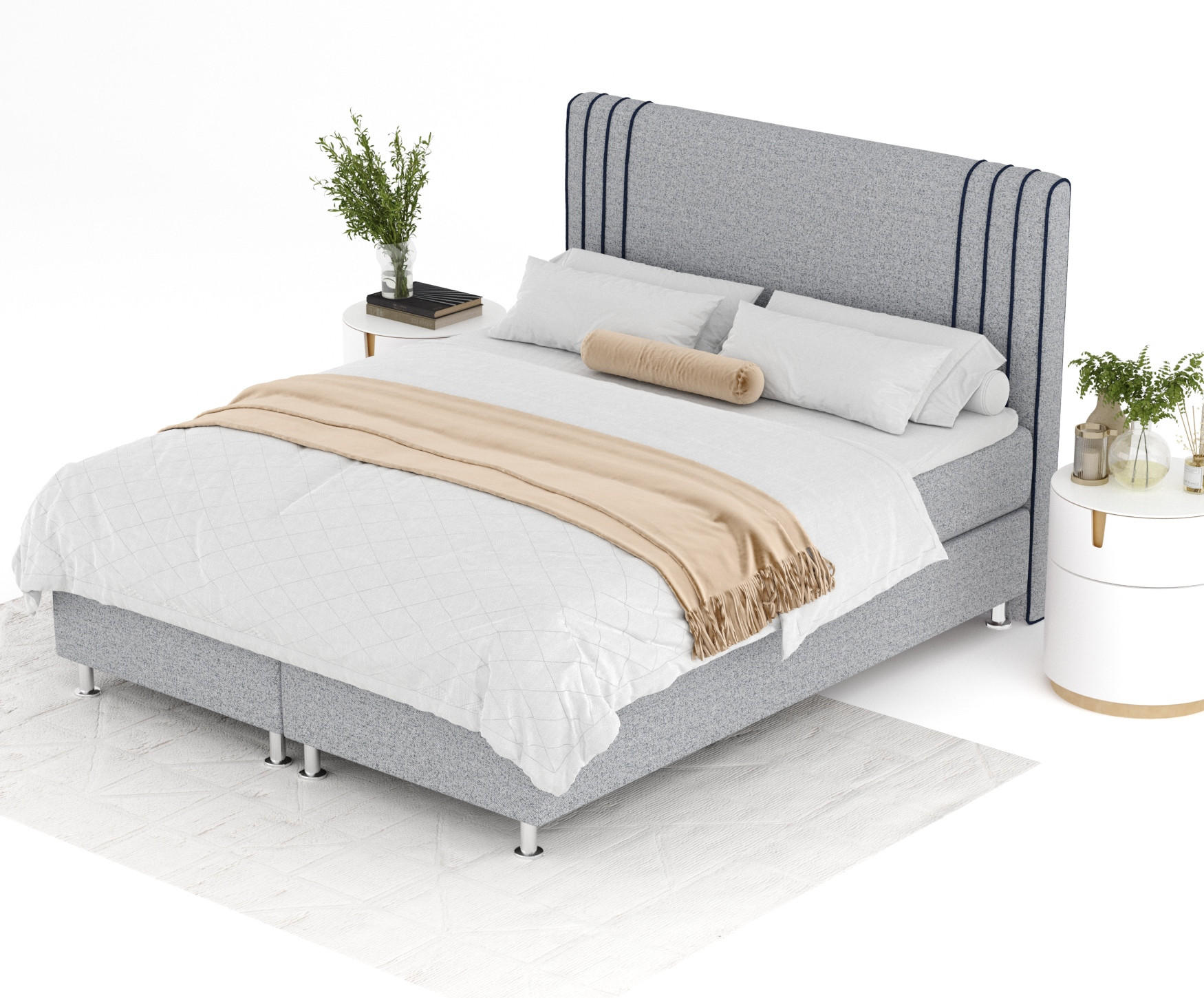 Thumbnail - Maison de Reve Boxspringbett, Grau, Dunkelblau, Textil, Buche, Kiefer, H3, Höhe ca. 21 cm, 180x200 cm, FSC 100%, Made in...