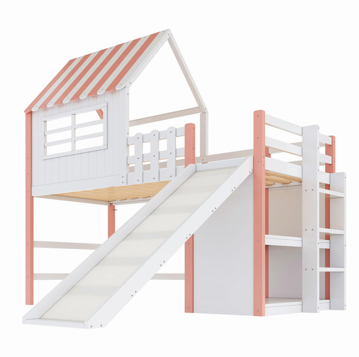 KINDERBETT 90/200 cm mit Rutsche, Leiter und Stauraum aus Holzwerkstoff mit Dachdesign, Rosa/Grün - Rosa, Holzwerkstoff (90/200cm) - Redom