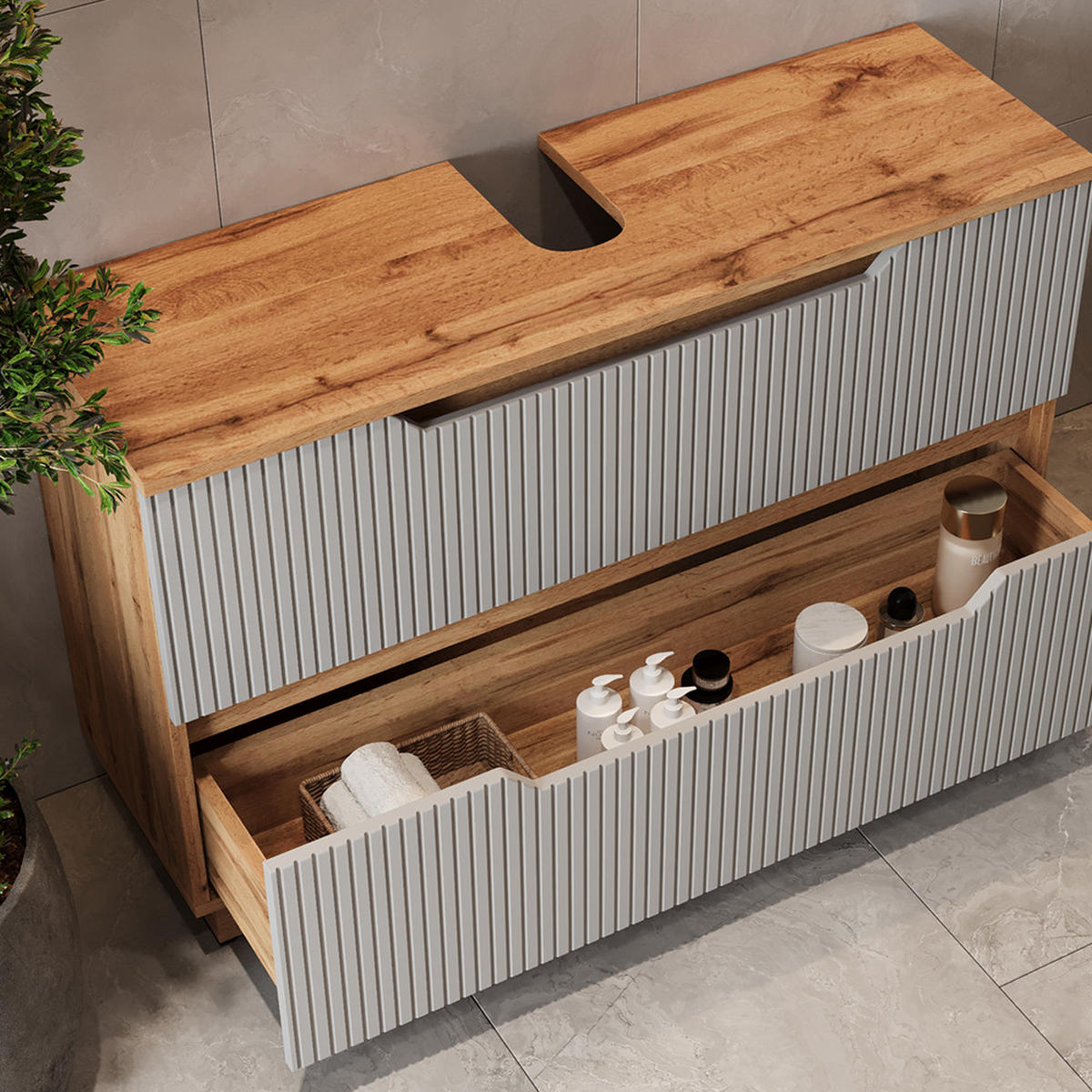 WASCHBECKENUNTERSCHRANK Lotta Eiche/Grau 99.4 x 62.5 cm mit 2 Schubladen - Eichefarben/Grau, Holzwerkstoff (99.4/62.5/32cm) - Vicco