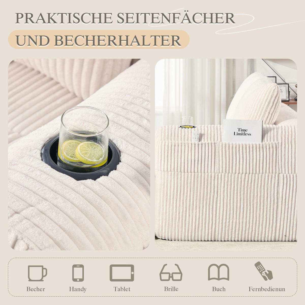 2-SITZER Sofa Beige, Liegesessel Cord mit Getränkehalter und Stauraum - Beige, Textil (158/61/93cm) - PARAFTA HOME