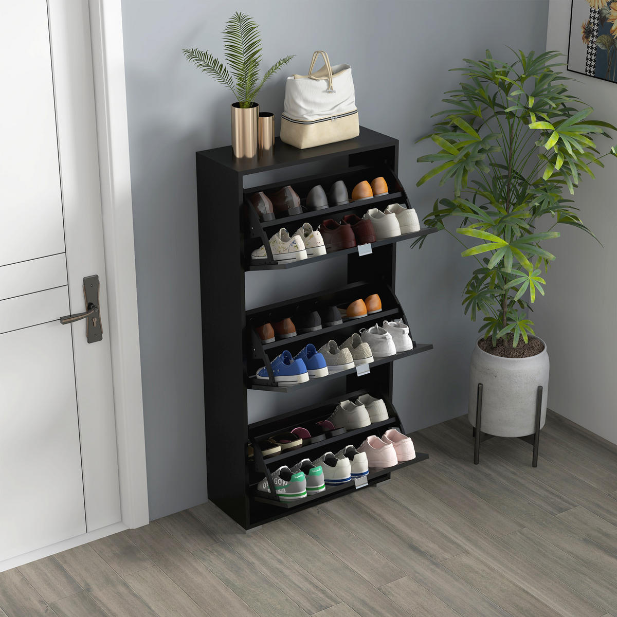 SCHUHSCHRANK DE-14970 3 Klapptüren mit 3 Fächern Schwarz Hochglanz - Schwarz, Holzwerkstoff (60/124/26cm) - ComfortXL