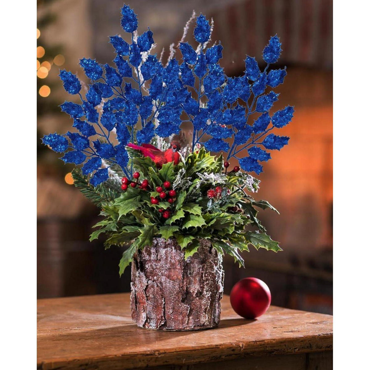 KUNSTZWEIG 6-teiliges Set Glitzernde Eichenblätter Blau 58 cm - Blau, Kunststoff (16cm)
