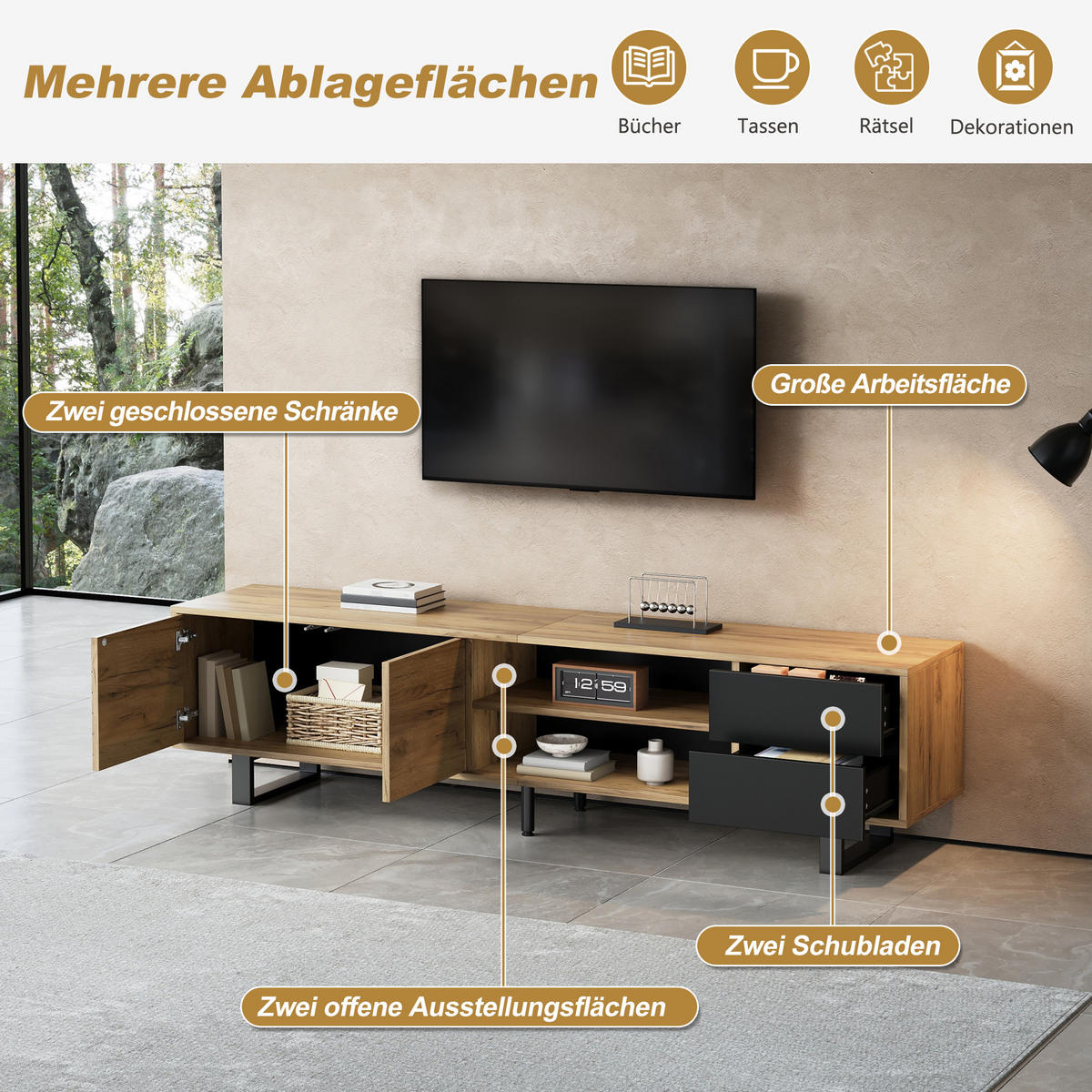 TV-SCHRANK Lowboard Holzoptik 180cm 2 Schubladen Modern - Multicolor, Holzwerkstoff (180/50/40cm) - FLIEKS