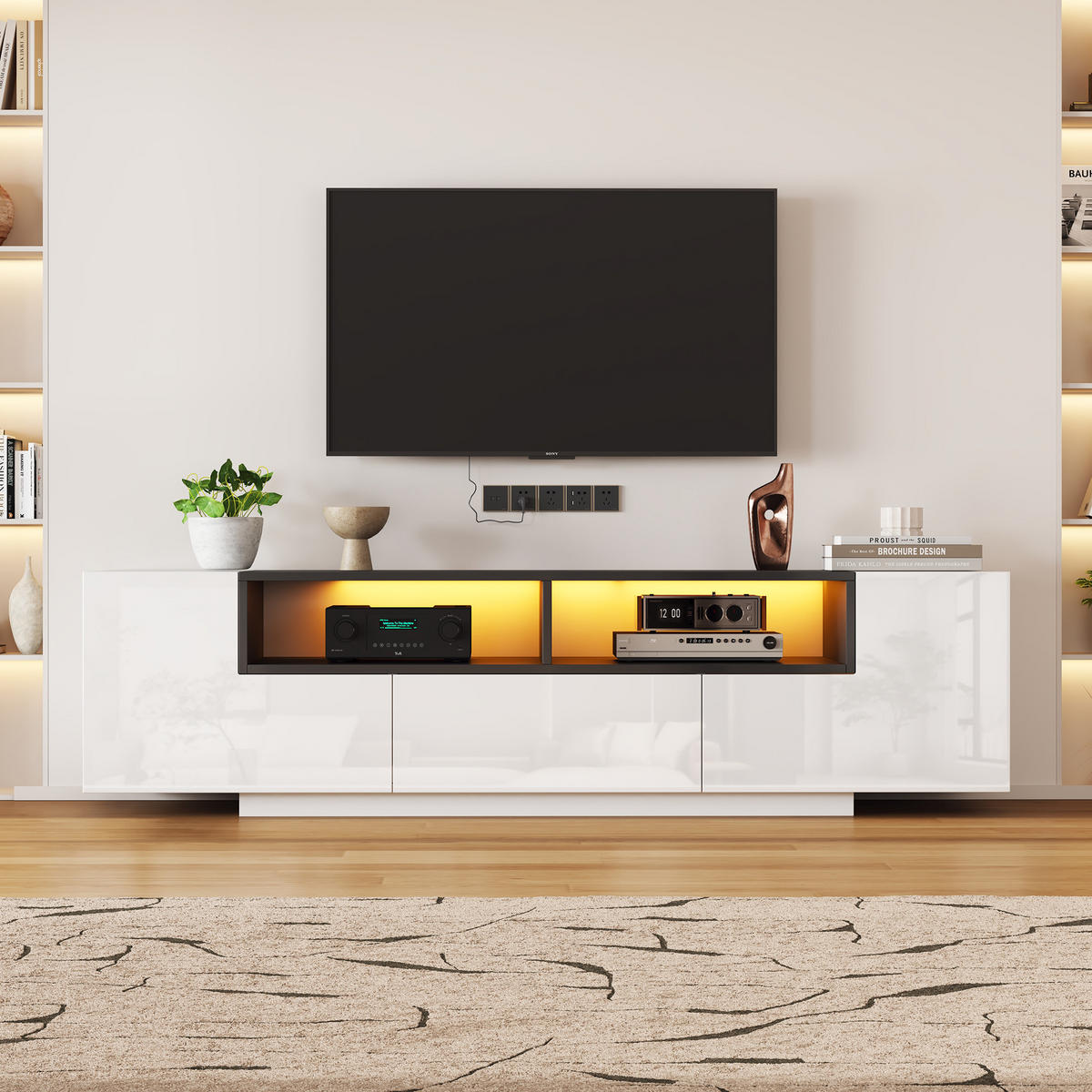 TV-ELEMENT 180/40/48 cm Hochglanz Weiß Schwarz mit LED-Beleuchtung und Schubladen - Weiß, Holzwerkstoff (40/48/180cm) - Korfee