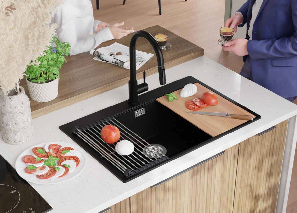 GRANITSPÜLE Oslo, 2-er set Alles Schwarz 78/50 cm 1 Becken + Küchenarmatur 32/20 cm + Ablauf-Set + Schneidebrett ab 80er Unterschrank - Schwarz, Kunststoff (78/20/50cm) - Primagran