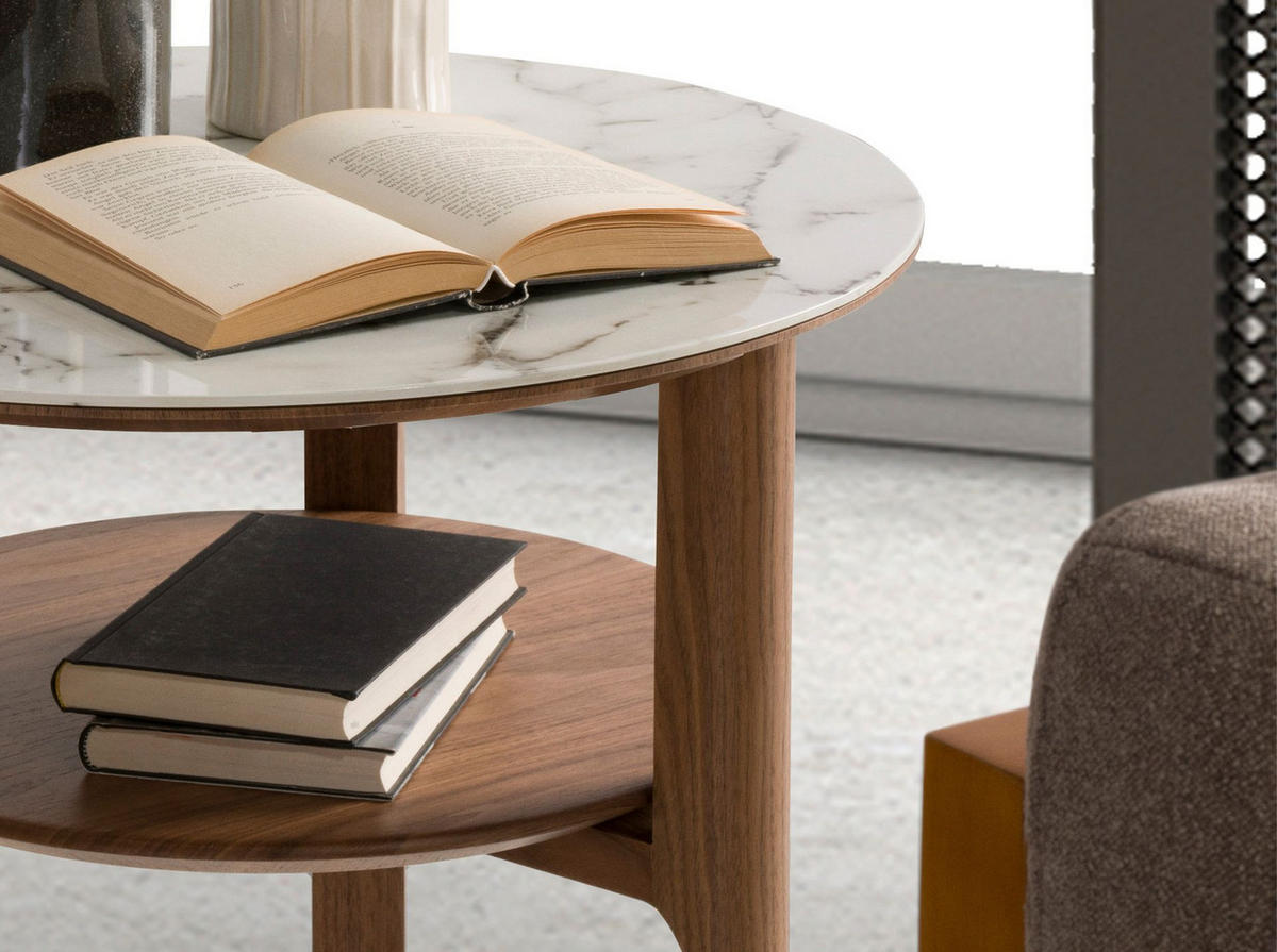 ECKTISCH Runder Ecktisch aus Porzellanmarmor und Nussbaumholz Ø60/50 cm - Nussbaumfarben/Weiß, Holz/Stein (60/60/50cm) - ANGEL CERDA