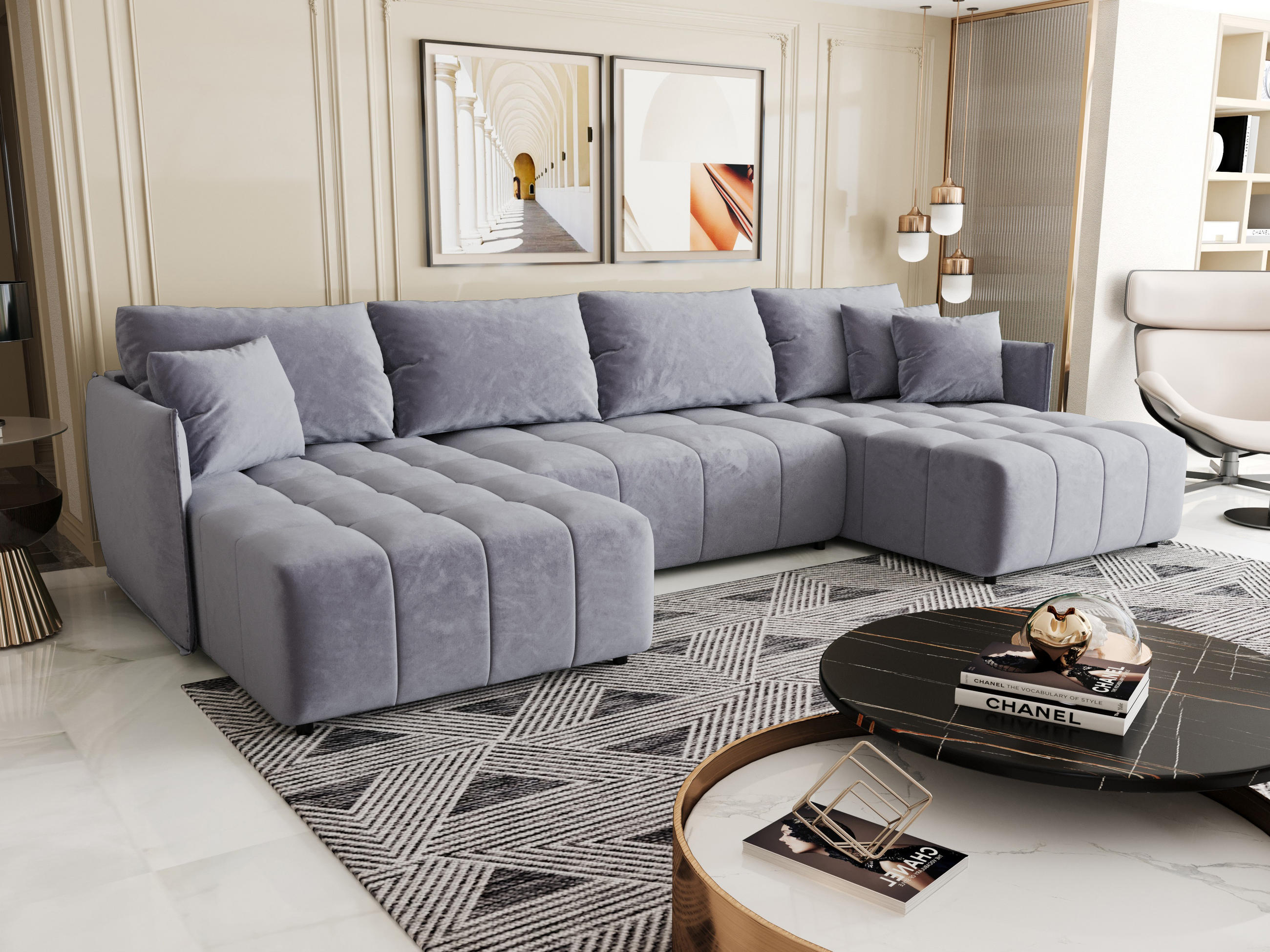 ECKSOFA mit Schlaffunktion ONIL U Monolith 70 - Hellblau, Textil (349/185cm) - Bedante