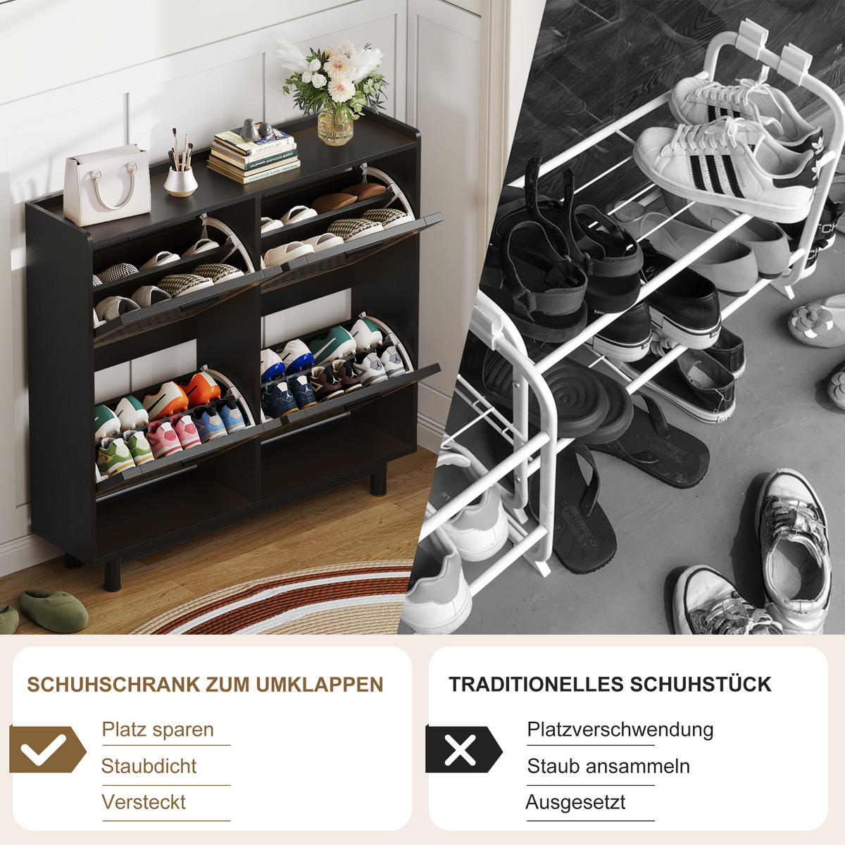 SCHUHSCHRANK 100cm schwarz mit 4 Klappfächern & Rattan-Imitation - Schwarz, Holz (24/95/100cm) - SHOPENTRA