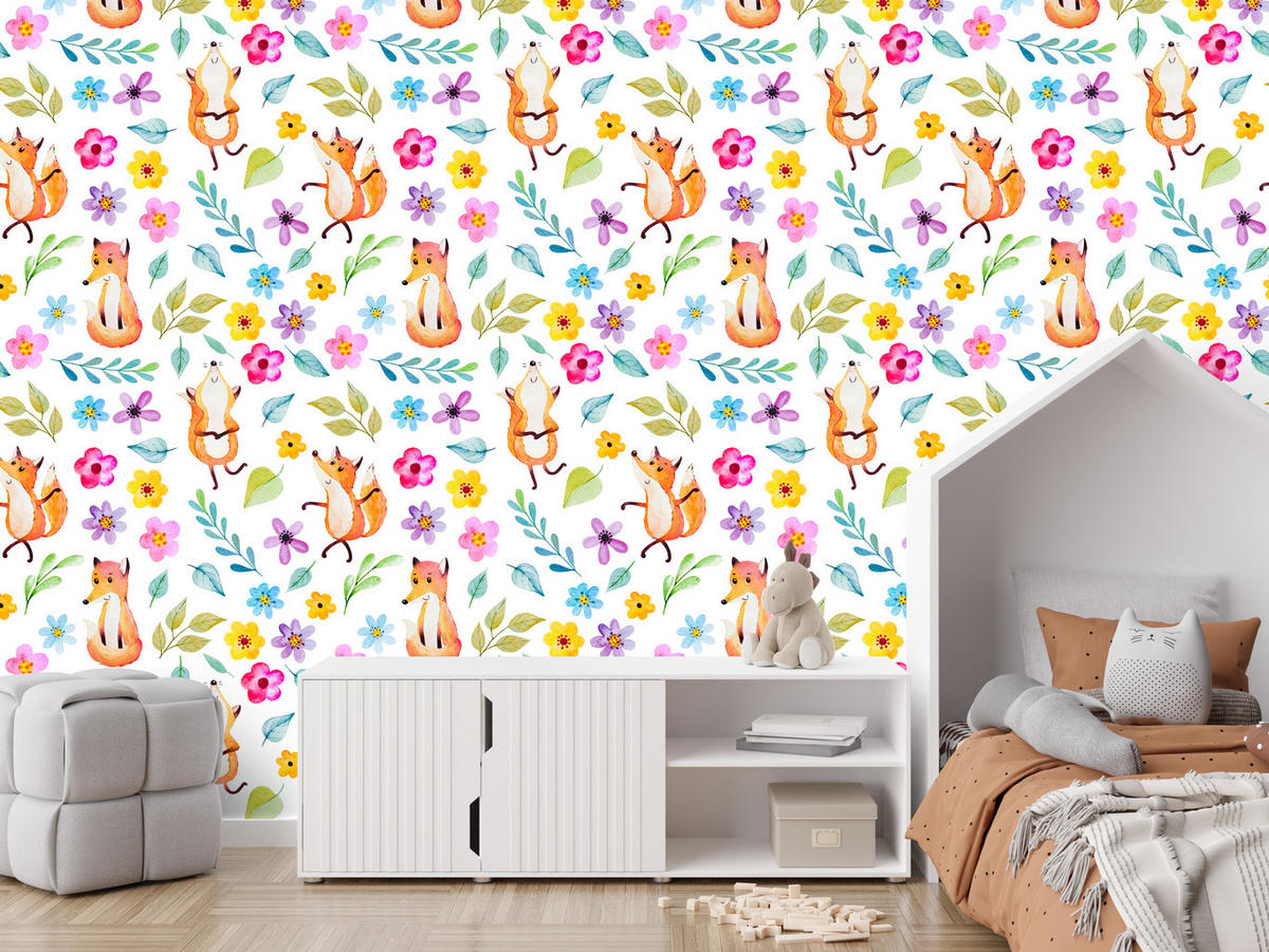 VLIESTAPETE Füchse und Wiesenblumen – Orange, Bunt, Weiß – 50x1000 cm - Multicolor/Orange, Papier (50/1000cm) - Muralo