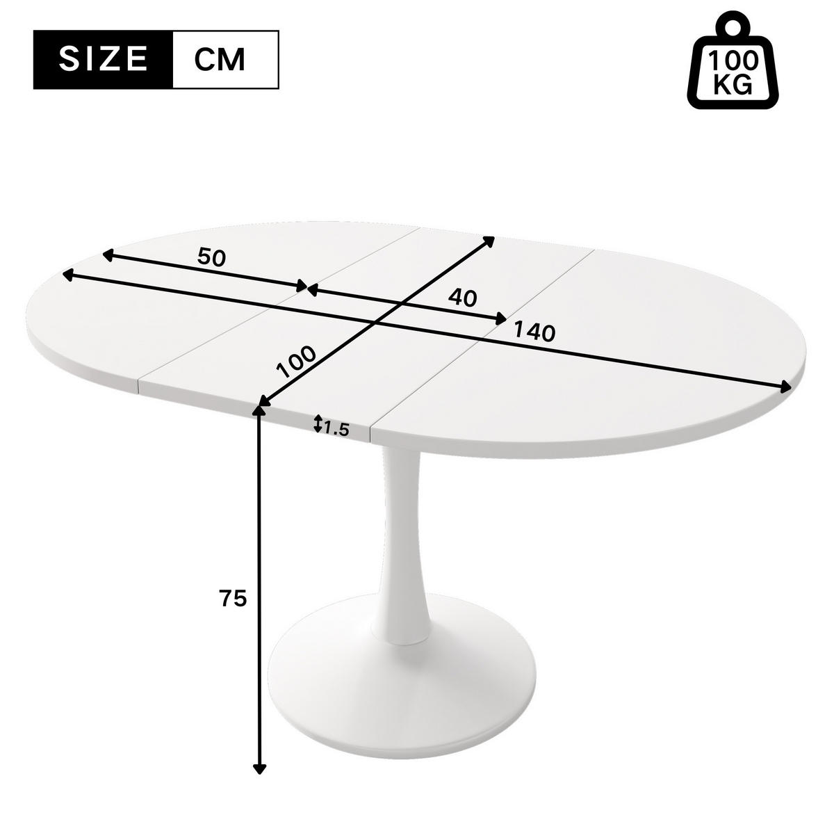 RAZTEGLJIVA jedilna miza 100/140 x 100 x 75 cm, ovalna oblika, prostorsko varčna in enostavna za vzdrževanje, Bela - bela, leseni material (140/100/75cm) - Redom
