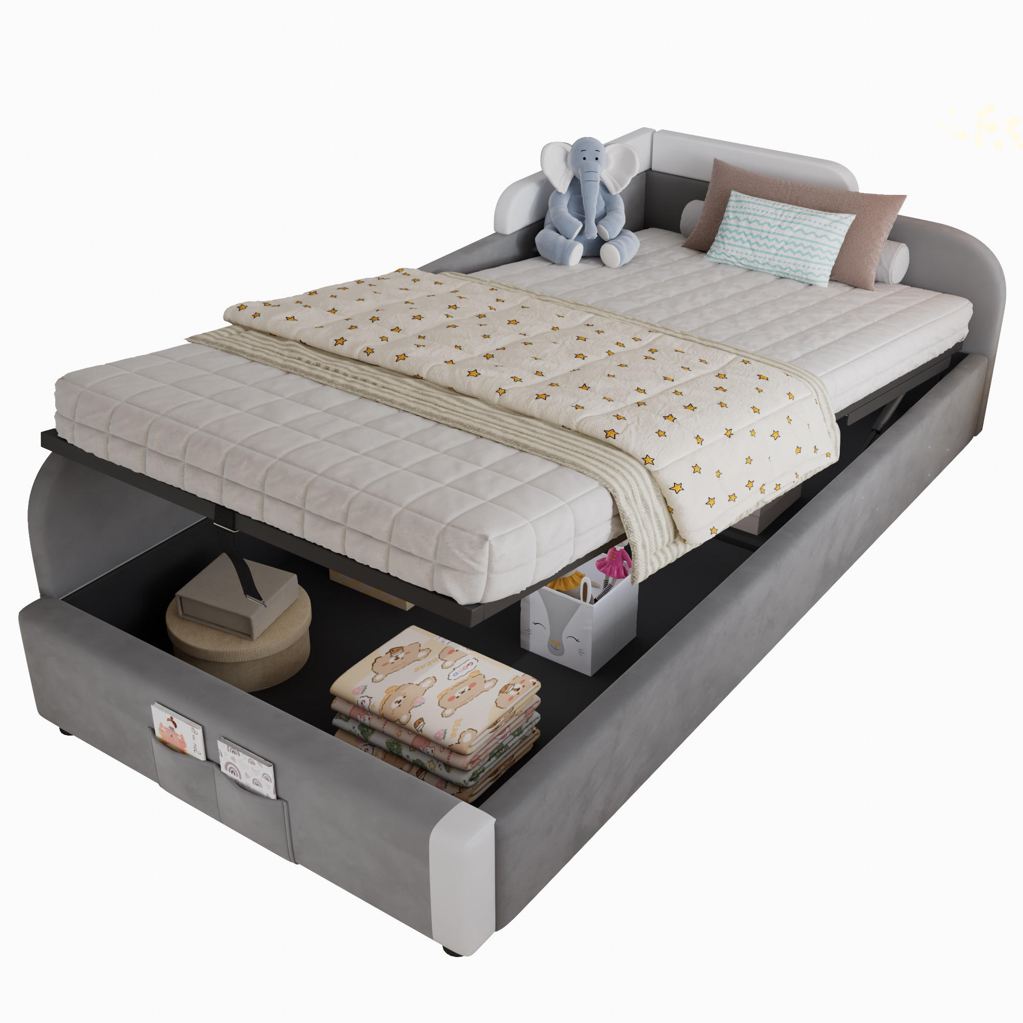 KINDERBETT 90/200 cm in Weiß & Grau Samt mit Bettkasten und Aufbewahrungstasche - Weiß/Grau, Holzwerkstoff/Textil (90/200cm) - WISHDOR
