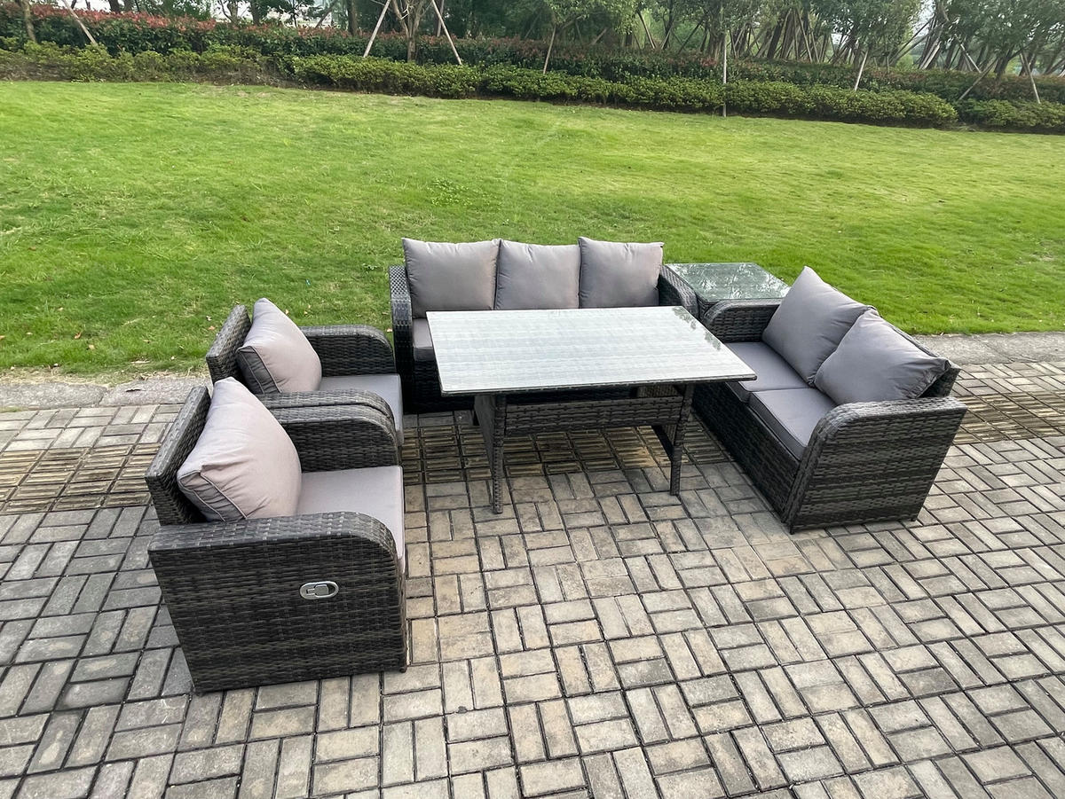 Gartenmöbelset mit Esstisch,3-Sitzer Sofa,Beistelltisch Polyrattan Dunkelgrau 7-Sitzer - Dunkelgrau/Grau, Glas/Kunststoff - Fimous