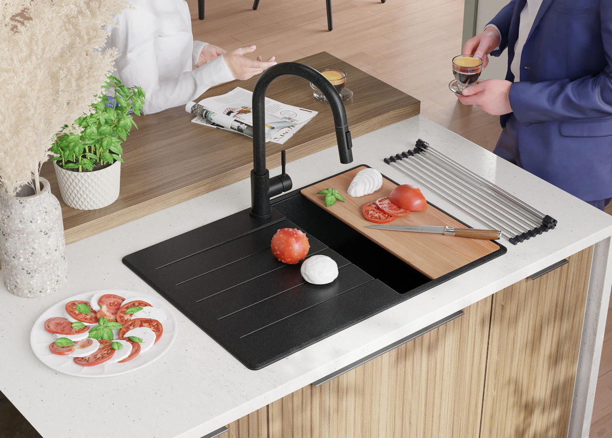 SPÜLBECKEN Kopenhagen, 2-er set Anthrazit 70/50 cm 1 Becken + Ablauf-Set + Schneidebrett ab 40er Unterschrank - Chromfarben/Anthrazit, Kunststoff (70/20/50cm) - Primagran