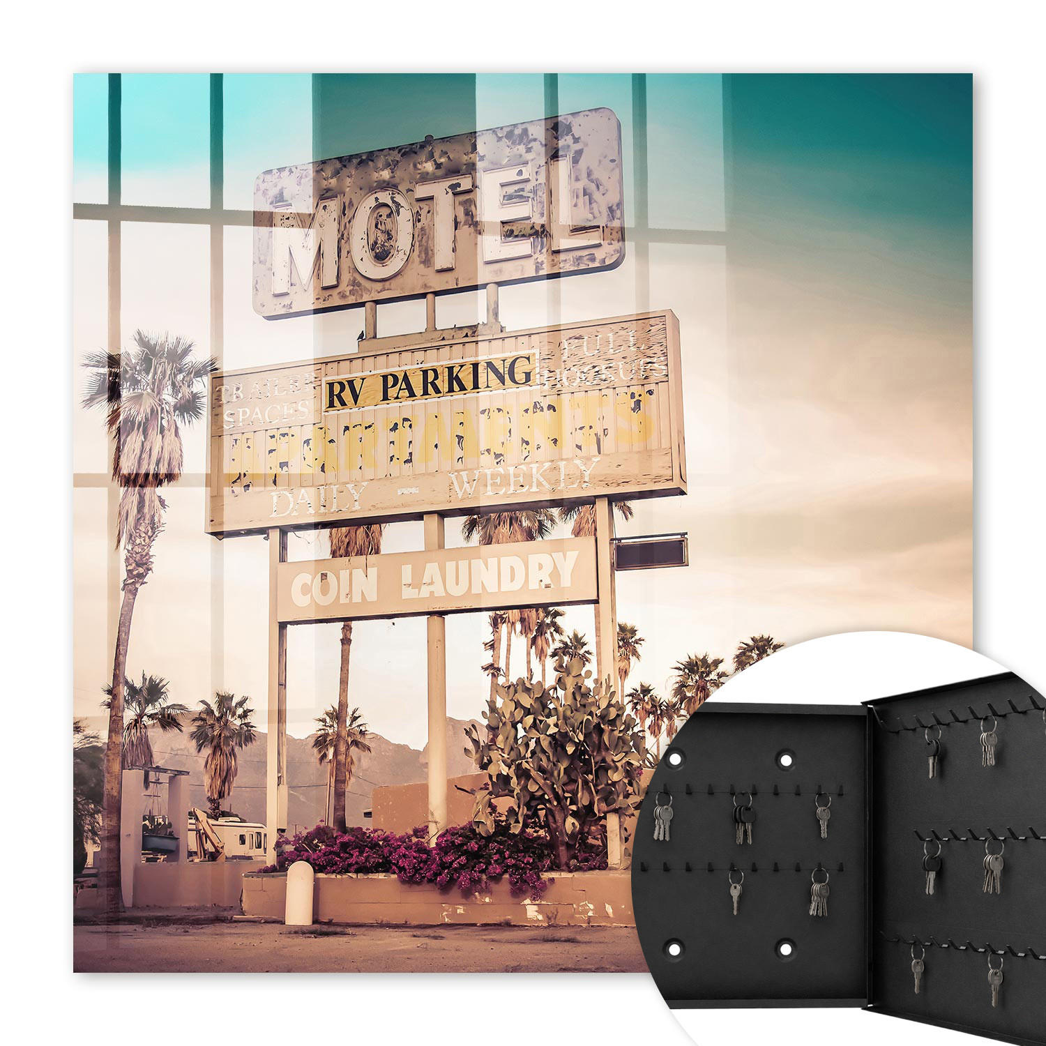 SCHLÜSSELBOX Schwarz 30x30 cm- Türöffnung nach rechts - Retro-Motel - Beige, Metall (30/30/5cm) - TULUP