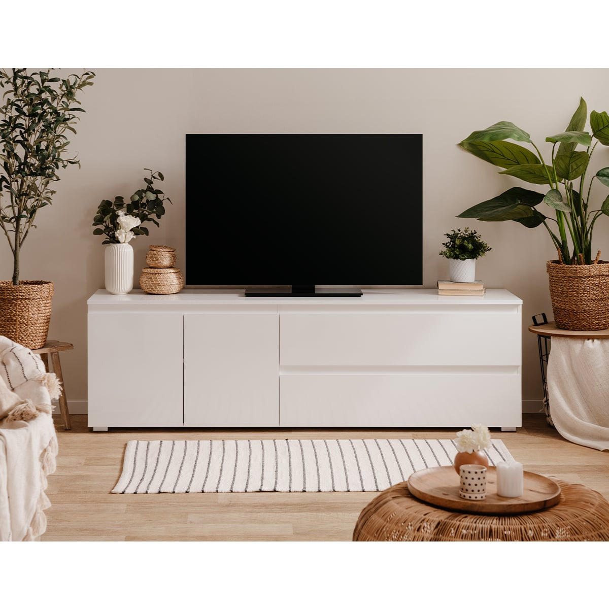 TV-MÖBEL mit 2 Türen, 1 Regalboden und 2 Schubladen B180 cm - PRETORIA - Weiß, Holzwerkstoff (40/55/180cm) - Calicosy