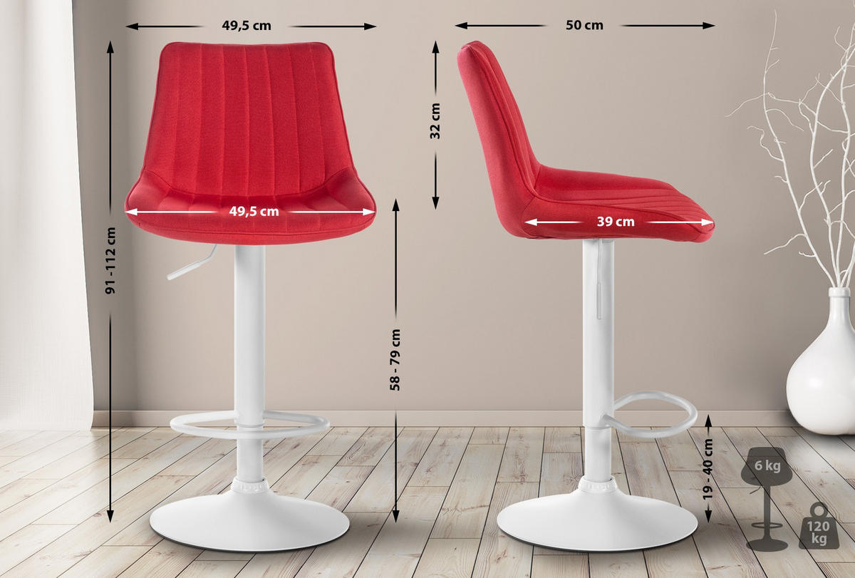 BARHOCKER RIO Rot Stoff Weiß - Rot, Textil/Metall (49.5/91/50cm) - DELUKE
