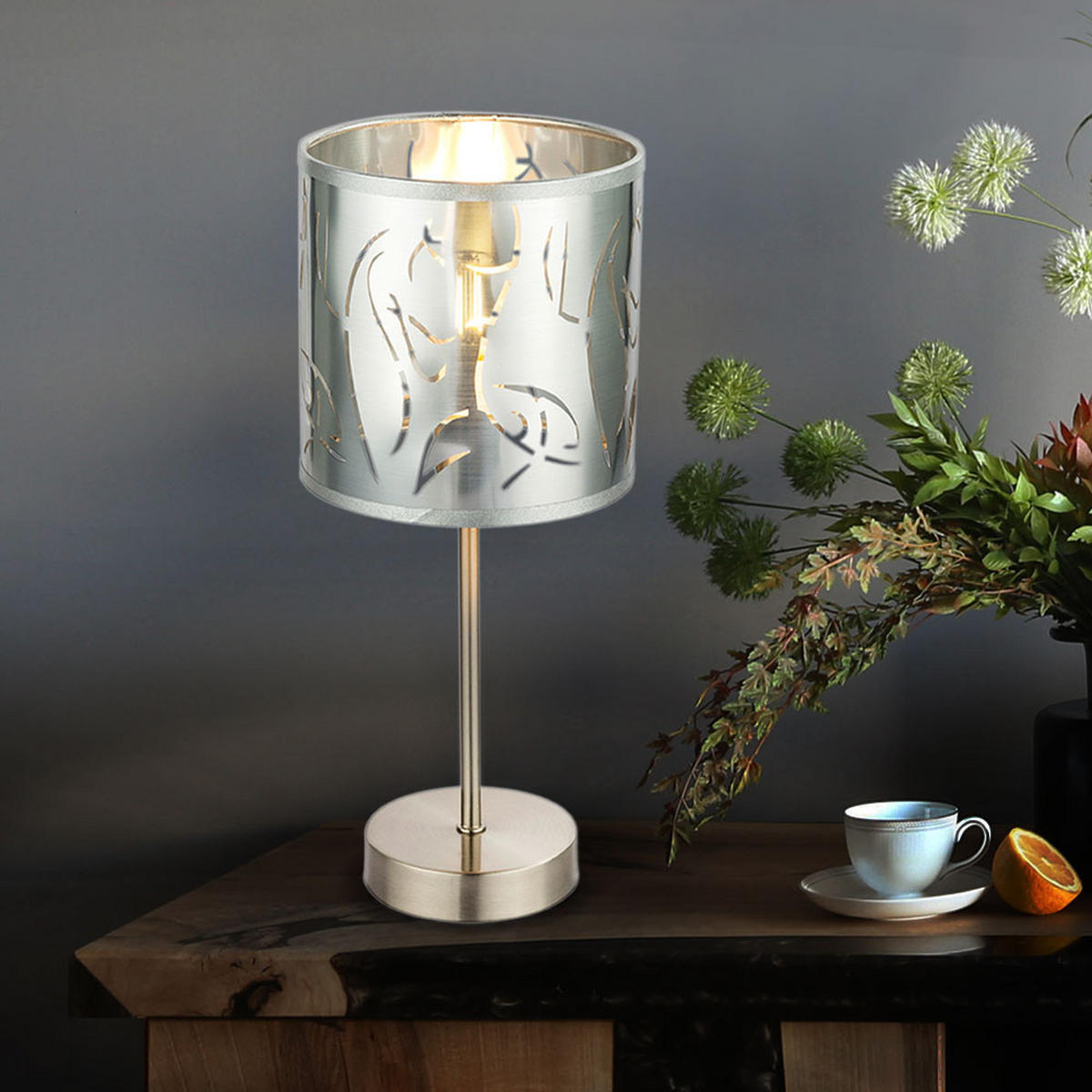 LED TISCHLEUCHTE Silber matt mit Dekorstanzungen - Silberfarben, Metall (15/15/35cm)