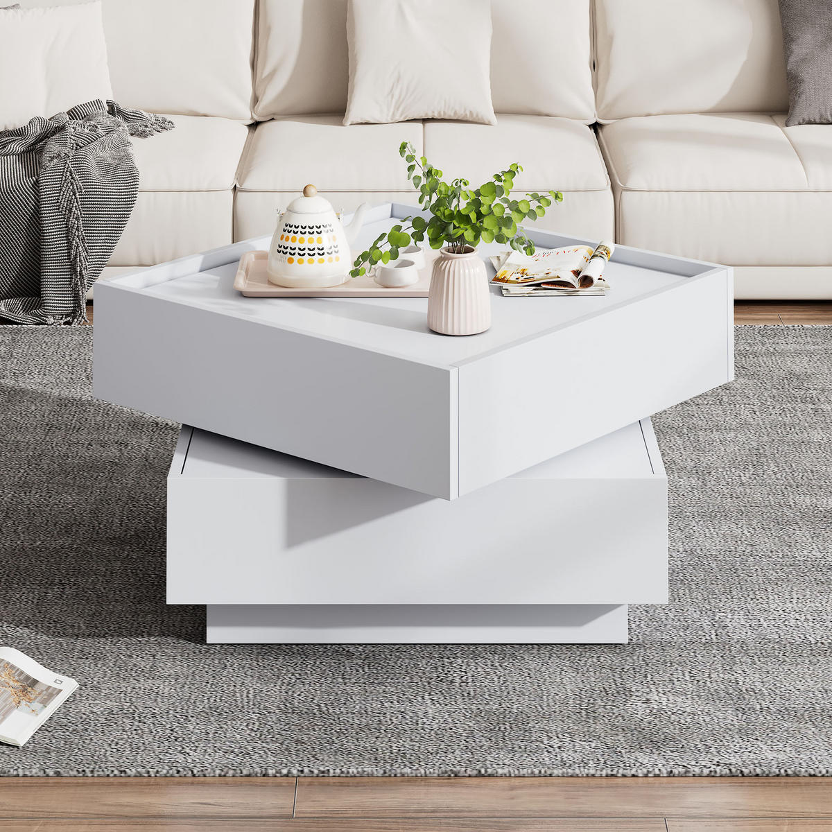 COUCHTISCH 360° drehbar mit Schublade Spanplatte modern Wohnzimmer Büro pflegeleicht multifunktional - Weiß, Holzwerkstoff (60/60/38cm) - EVRYAE