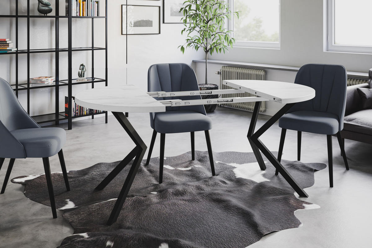 ESSZIMMERTISCH LOFT LITEN, ausziehbarer Tisch 120 cm/200 cm, Farbe: Marmur, mit Metallbeinen in Farbe Schwarz - Hellgrau/Schwarz, Holzwerkstoff (120/120/76cm) - Alpi-Möbel