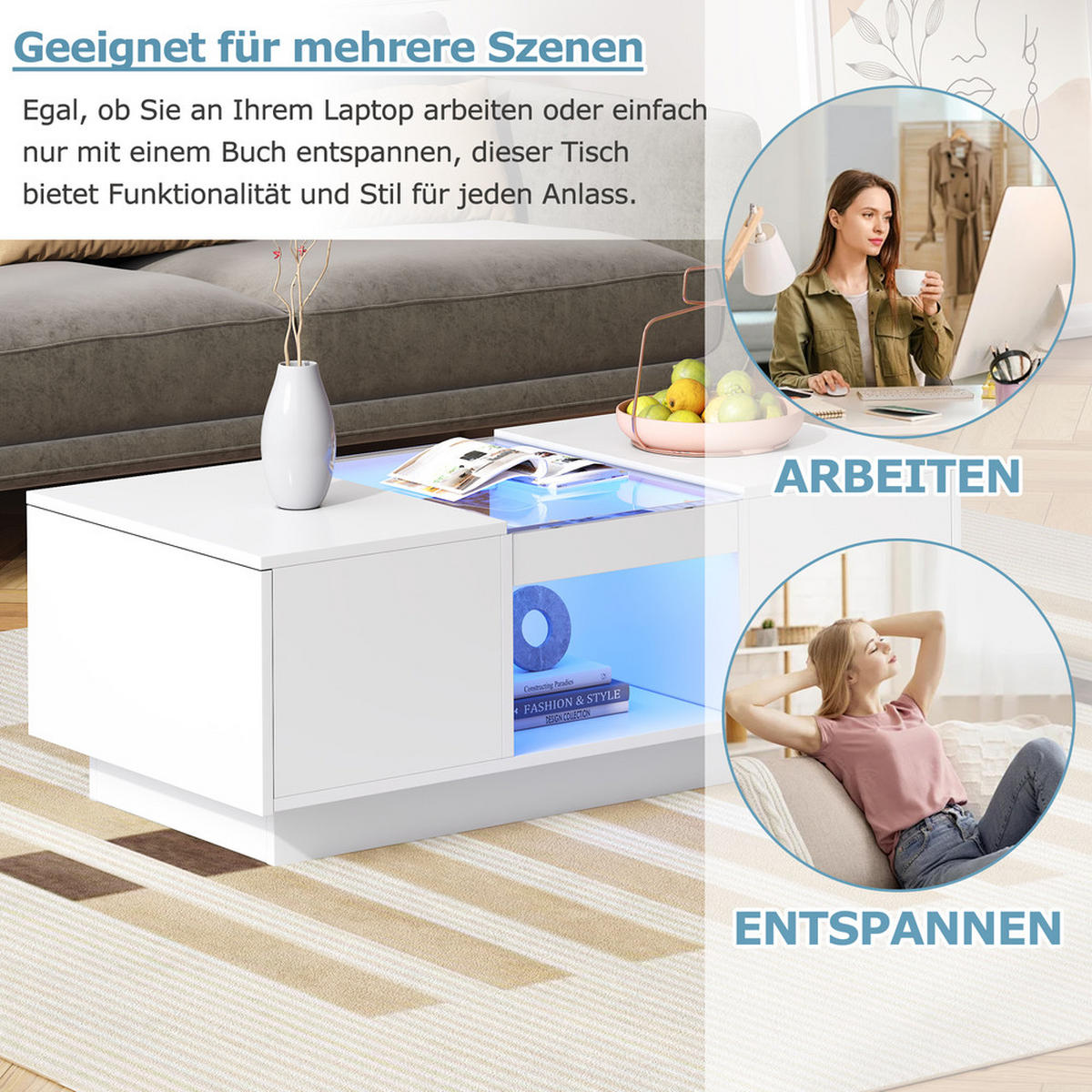 COUCHTISCH 100x50cm Weiß LED App Glas 2 Schubladen 1 Fach Modern - Weiß, Holz (106/60.5/17cm) - FLIEKS