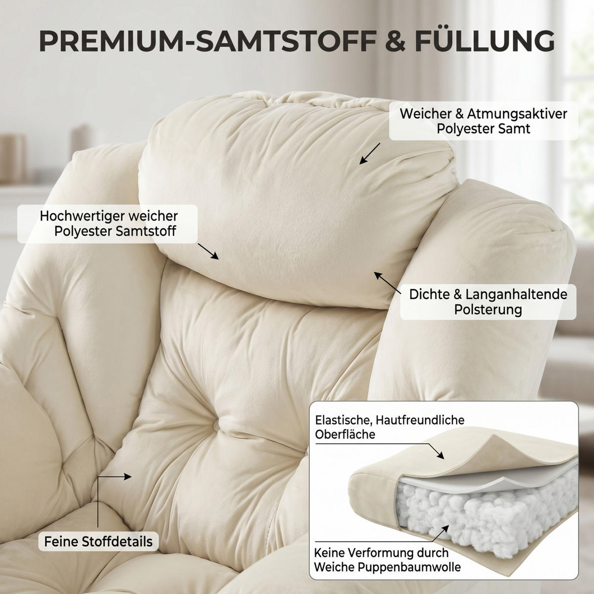 SESSEL mit Hocker und Seitentasche, DE-42303, Beige - Beige, Metall (80/93/72cm) - ComfortXL