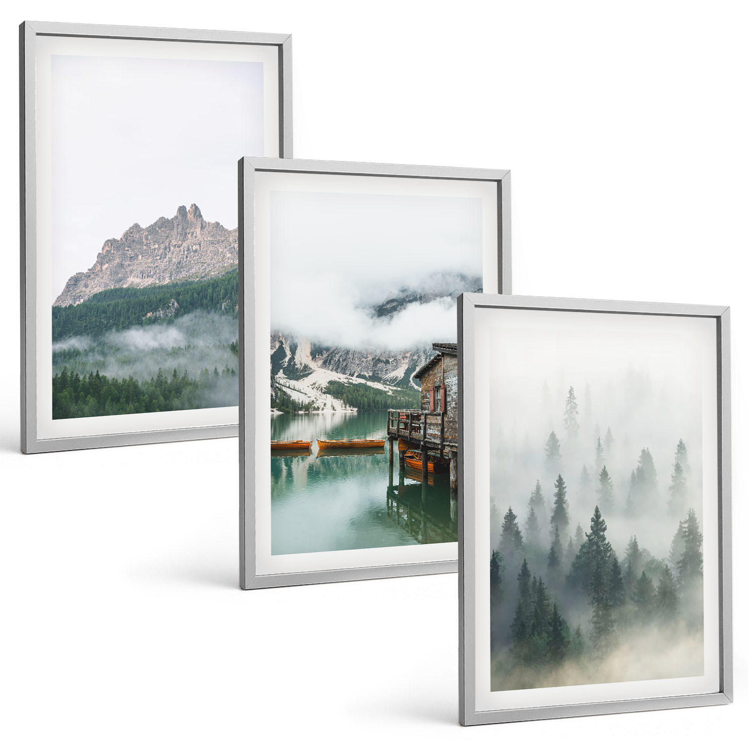 BILDER SET 3er Set - 40x60 cm Silberner Rahmen - Berge, See, Hütte, Nebel - Silberfarben, Kunststoff (40/60cm) - TULUP