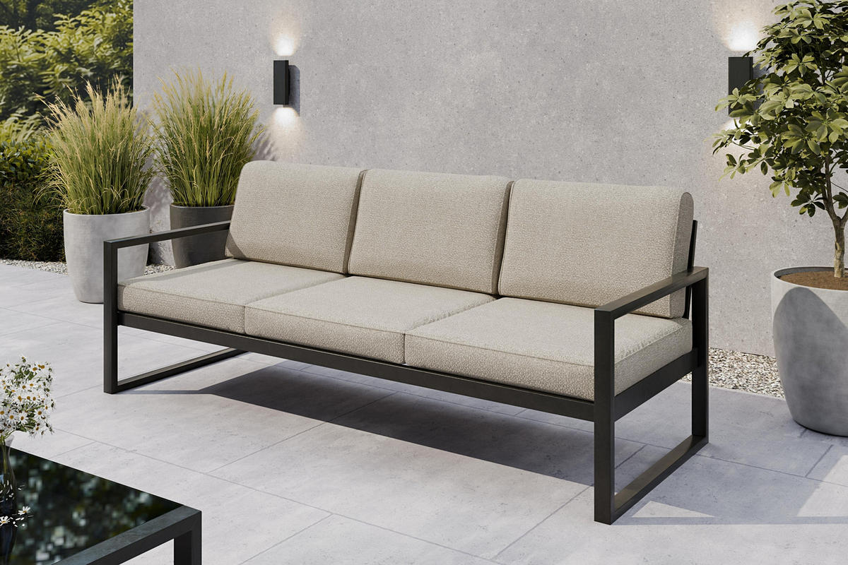 GARTENSET Madera für 6 Personen Balkonmöbel Aluminium Terassenmöbel Sitzbank, 4-tlg. Tisch schwarz, ecru - Ecru/Schwarz, Kunststoff/Metall - Margaret Hadas24
