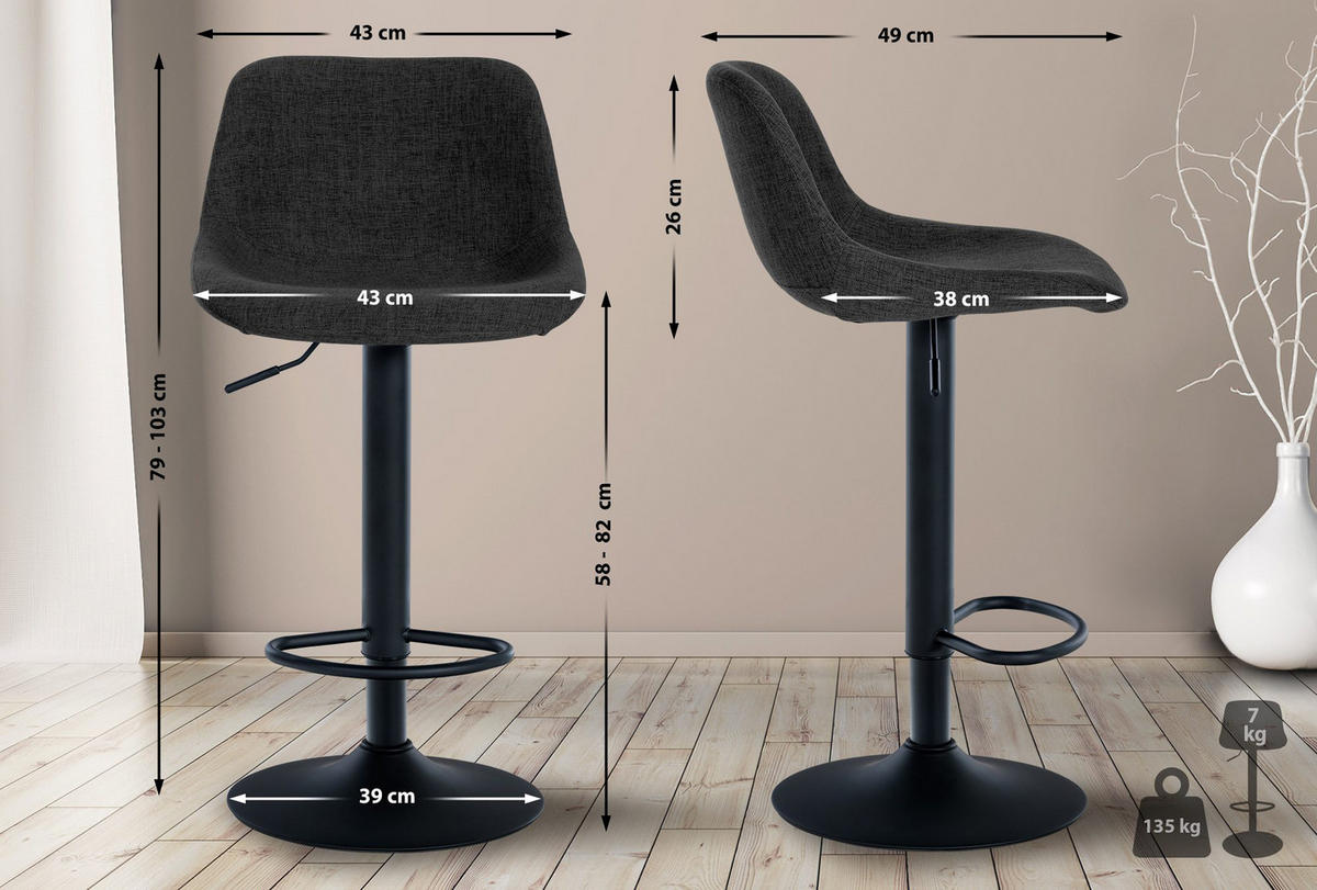 BARHOCKER 2er Set Lotus Stoff schwarz - Schwarz, Textil/Metall (43/103/49cm) - TPFLiving
