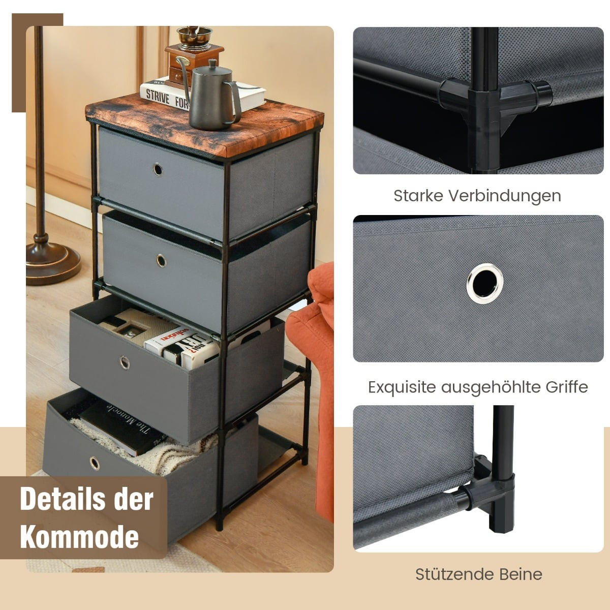 NACHTTISCH 4 Schubladen Stoffkommode 42 x 33,5 x 84,5 cm, Grau - Grau, Textil (42/84.5/33.5cm) - DESIGN IN