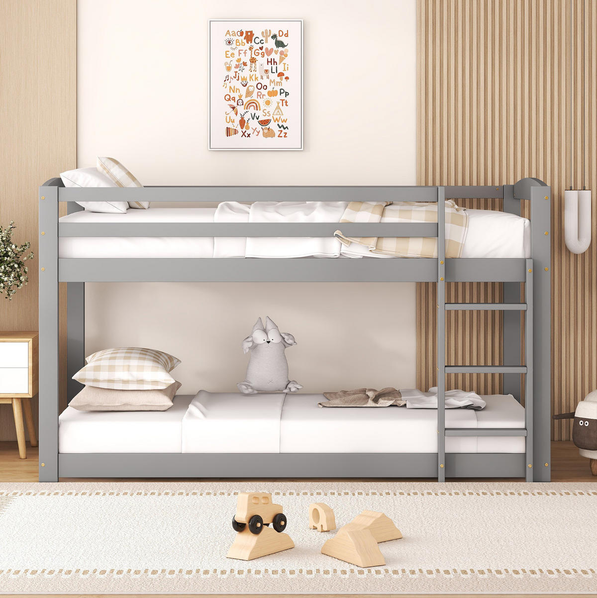 KATNI krevet od borovine 90x200 cm sivi niski profil, sa zaštitnom ogradom i uštedom prostora - siva, drvni materijal (90/200cm) - Modfu