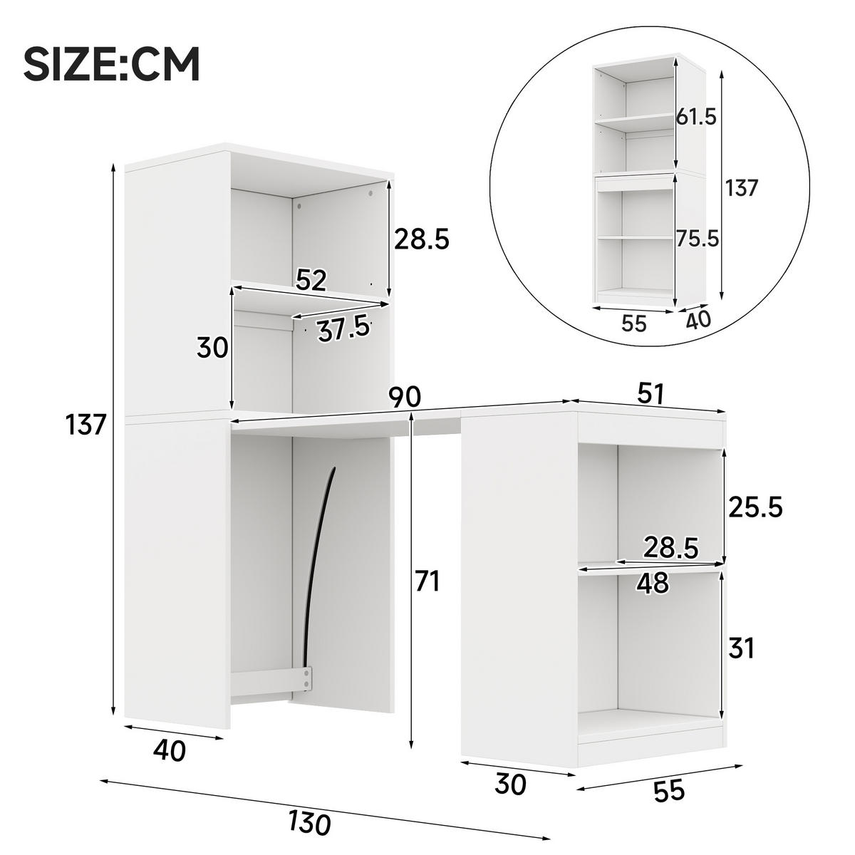 SCHREIBTISCH Weiß 130/51/137 cm klappbar mit Regal und 4 offenen Fächern - Weiß, Holzwerkstoff (130/51/137cm) - PANGIVO