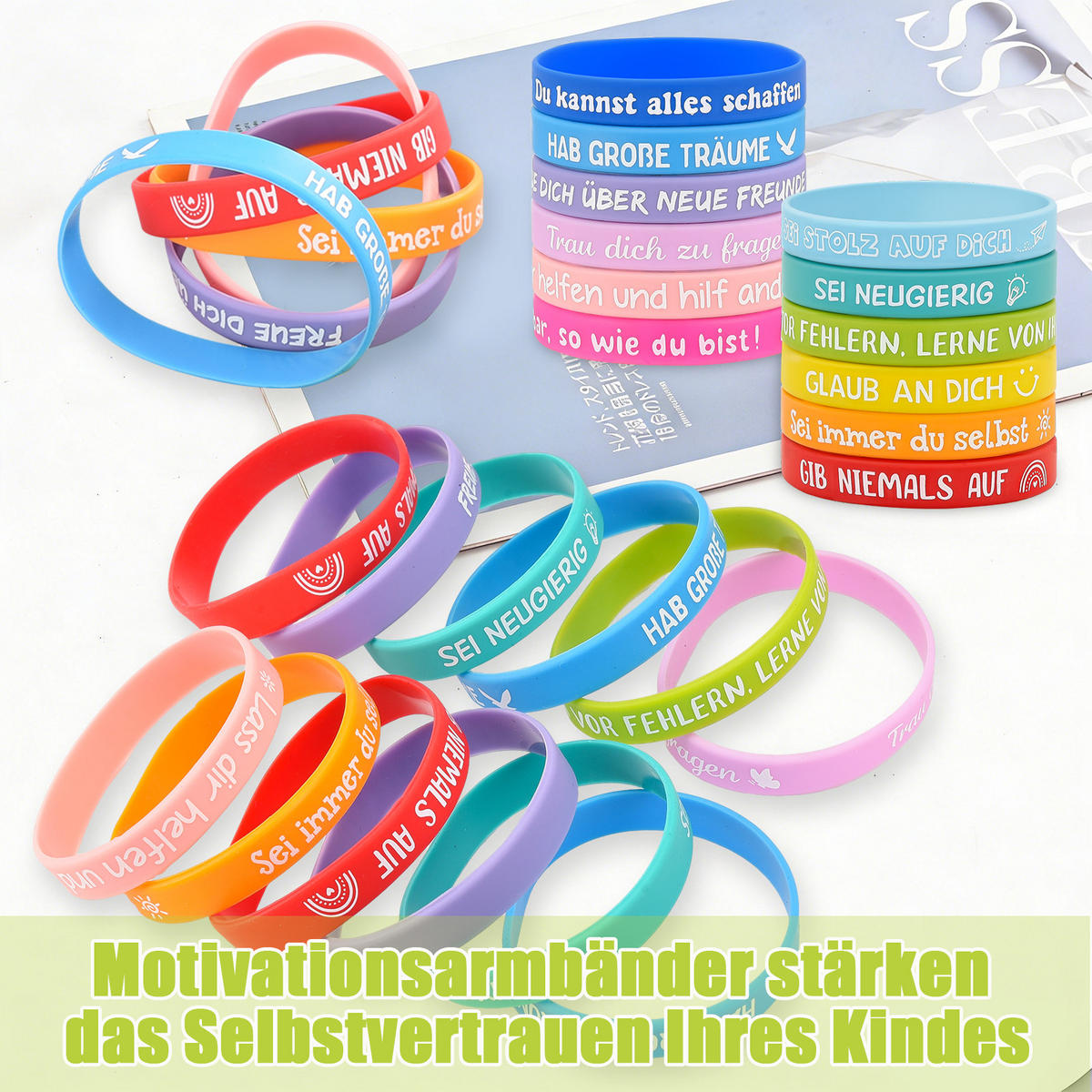 24 Stück Motivationsarmbänder Kinder, 6cm Silikon Armband, kleine geschenke für kinder, Abschiedsgeschenk Schüler Grundschule - Multicolor, Textil (18/1.2/6cm)