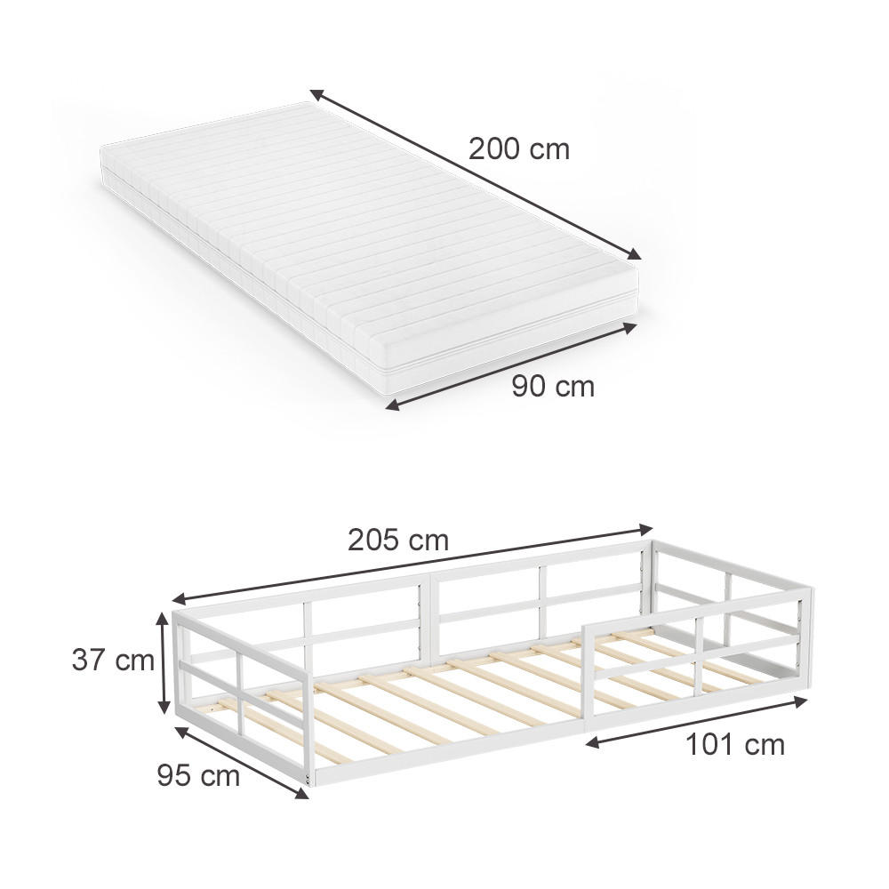 BODENBETT AUS METALL Minno Weiß 90x200 mit Matratze - Weiß, Metall - VitaliSpa