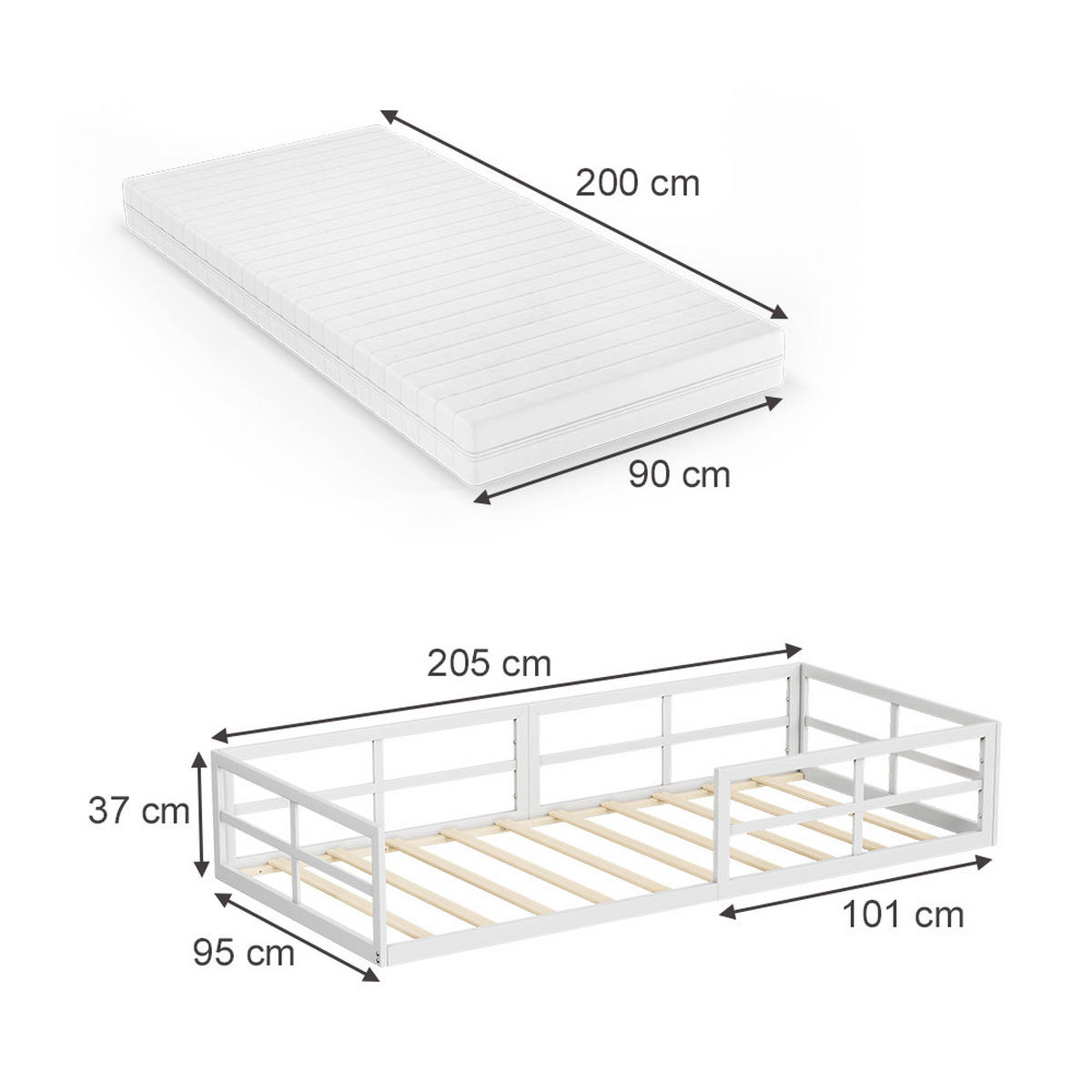 BODENBETT AUS METALL Minno Weiß 90x200 mit Matratze - Weiß, Metall - VitaliSpa