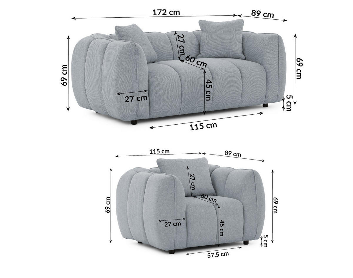 SITZGARNITUR 2+1 Nubira in tief gesteppter Bubble-Optik aus weichem Grau Strukturstoff im modernen Design - Schwarz/Grau, Holz/Kunststoff (172/69/89cm) - S-Style Möbel