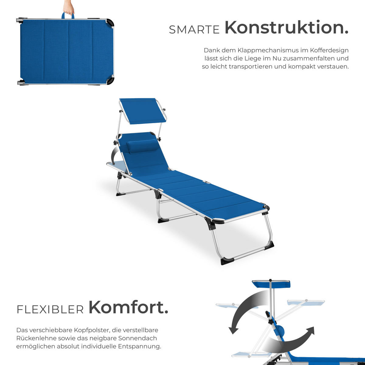 SONNENLIEGE Lorella,220 x 60,5 x 34 cm, mit Seitentasche ,blau - Blau, Kunststoff (60.5/115/200cm) - tectake